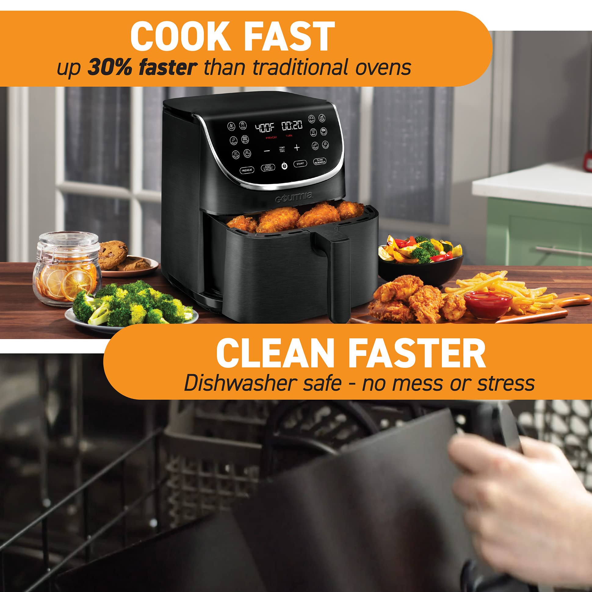 Gourmia GAF716 7 Quart Large Air Fryer Oven with Digital Display - 1700W Power, 12 Touch Cooking Presets, XL Air Fryer Basket & FRY FORCE 360° Technology - Black & Stainless Steel - Perfect for Healthy Frying, Baking, Roasting & Reheating Family Meals