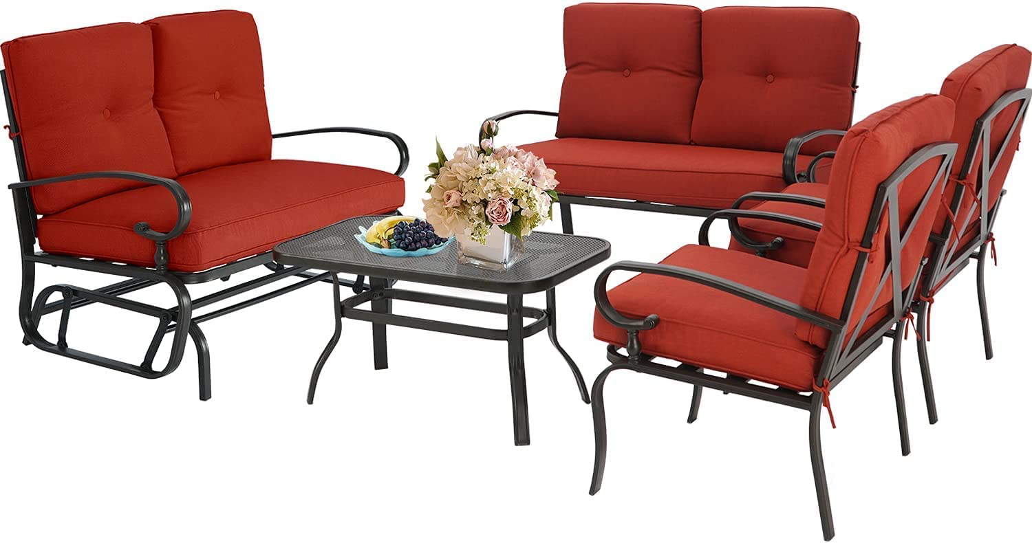 Betterland 5-Piece Metal Outdoor Furniture Set with Red Cushions - Wrought Iron Patio Conversation Set Includes Glider Chair, Loveseat, Coffee Table & 2 Chairs (6 Seats) - Perfect for Garden, Backyard, Poolside & Outdoor Relaxation