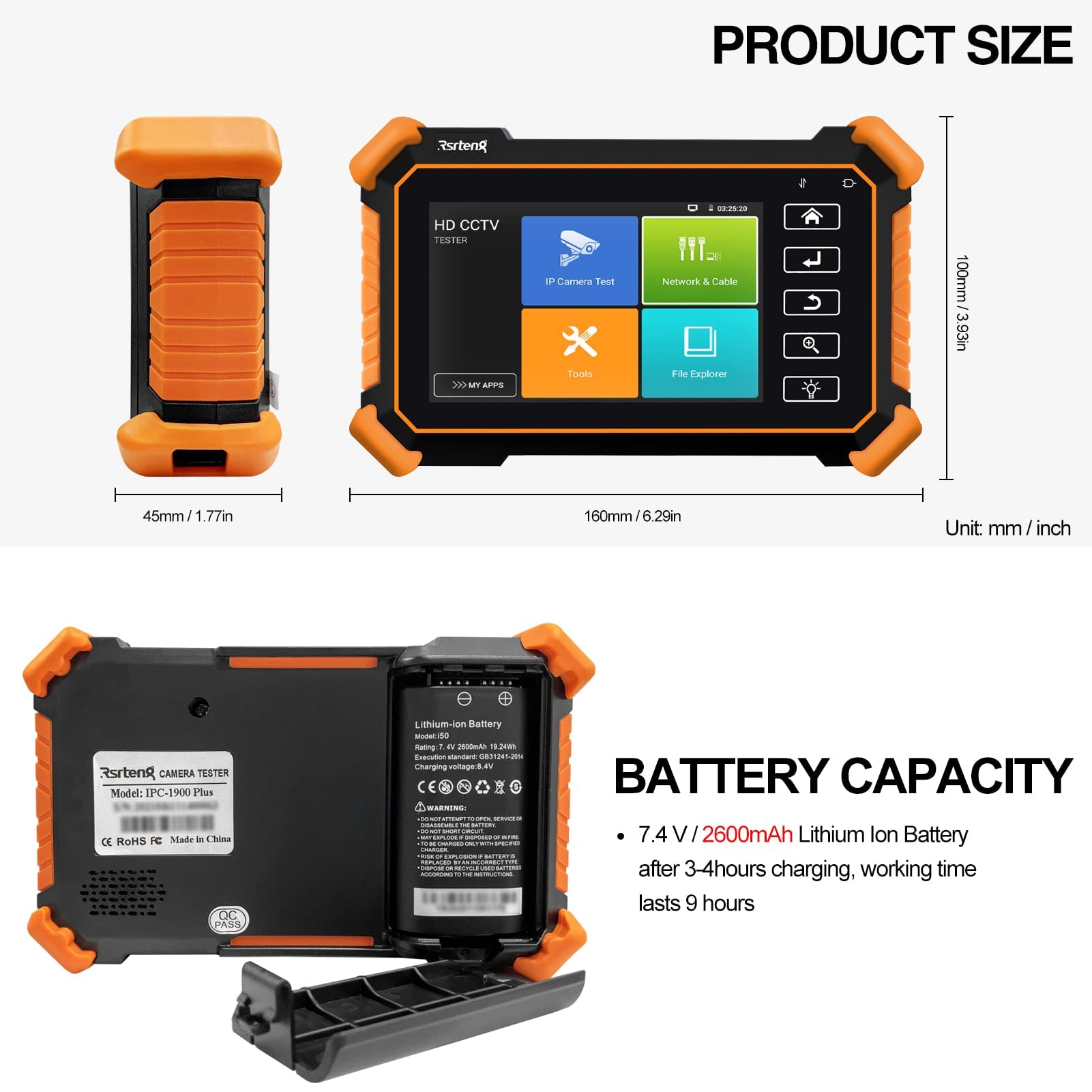 Rsrteng WT255 CCTV Camera Tester with Cable Tracer - 4K/8MP/8K/32MP IP Camera Testing, 4-inch IPS Touch Screen, POE/PTZ/DC12V Support - Perfect for Security System Installation & Maintenance