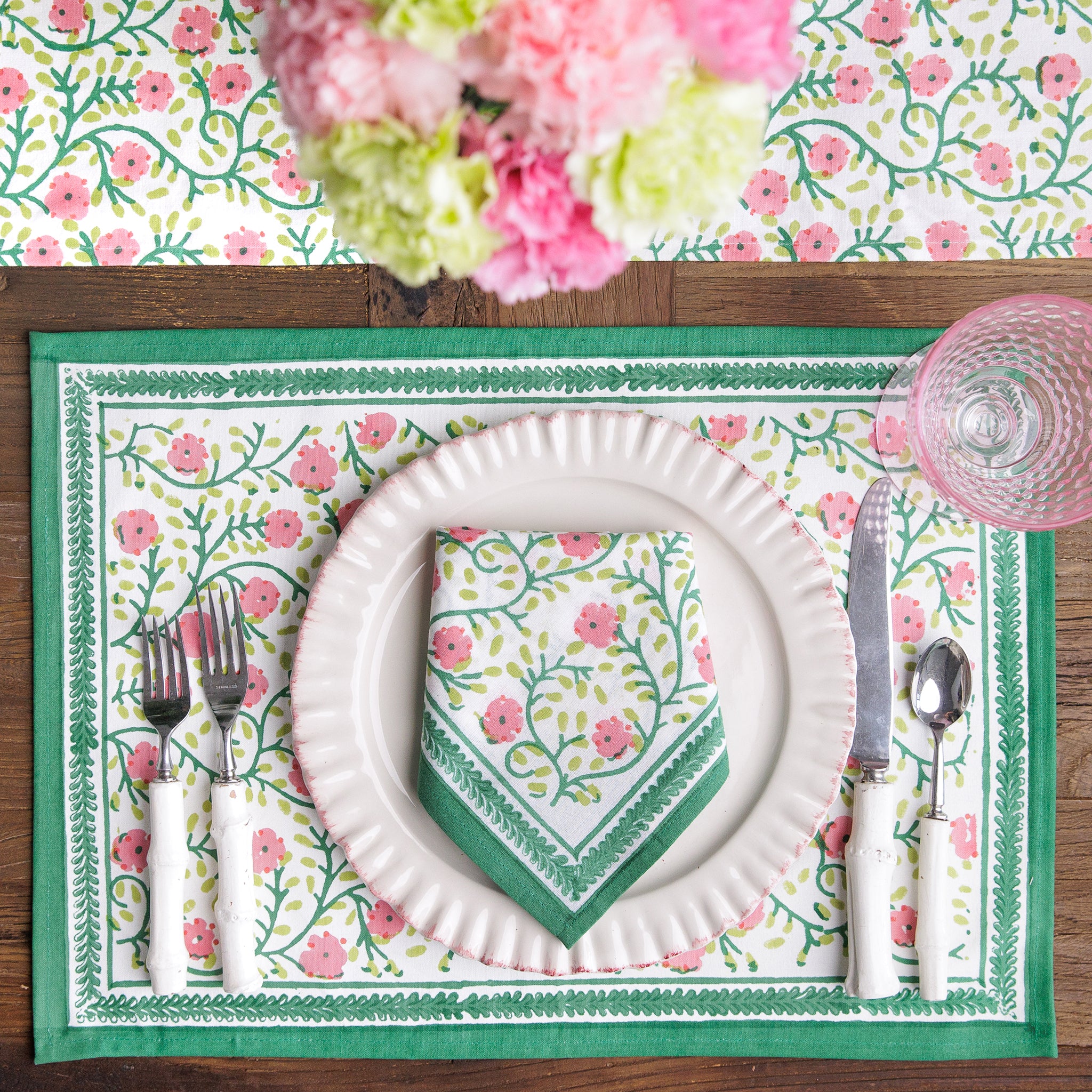 Stephanie Pink & Green Placemats Set of 4 - Waterproof & Non-Slip Dining Table Mats for Kitchen, Party, and Home Decor
