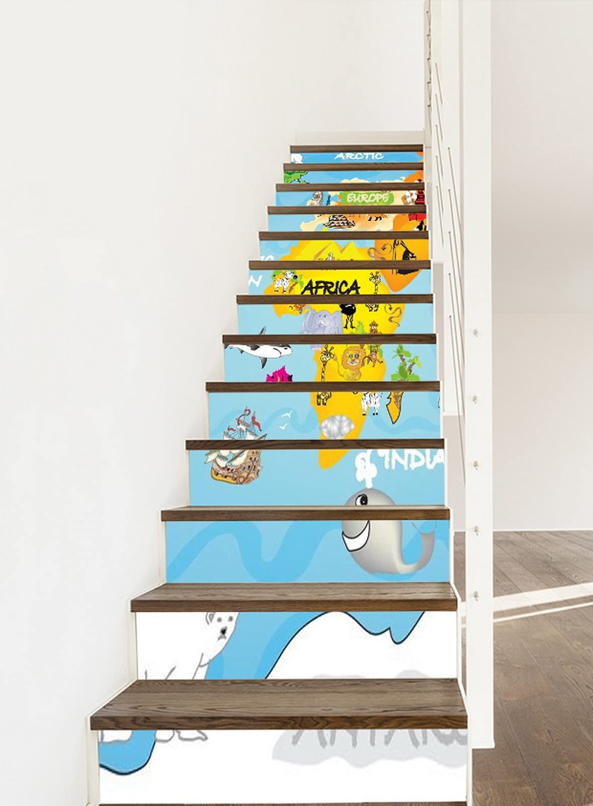 3D Self-Adhesive Removable Cartoon Animal World Map Stair Stickers - Kids Geography Educational Vinyl Decals for Stair Risers, Kitchen Tiles & Wall Murals (13-Piece Set) - Perfect for Home Decor, Classroom Learning & Playroom Design
