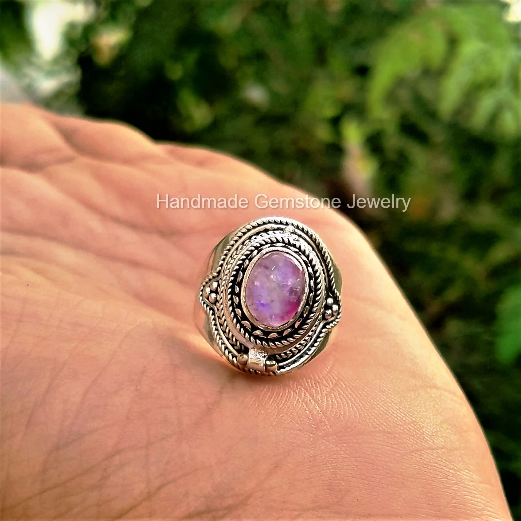 Pink Moonstone Poison Box Ring - Oval Openable Jewelry with June Birthstone, Antique Self-Love Pillbox Ring for Women | Perfect Gift for Birthdays, Witchy Aesthetic & Boho Fashion