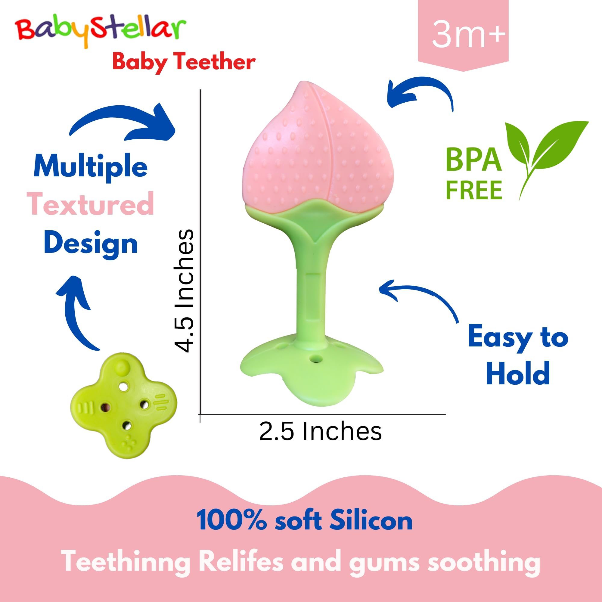 BabyStellar Standing Fruit Teether - BPA-Free Silicone Teething Toy for Infants 0-12 Months with Textured Design & Storage Case - Soothes Sore Gums - Perfect for Home, Travel & Daycare Use (Peach)