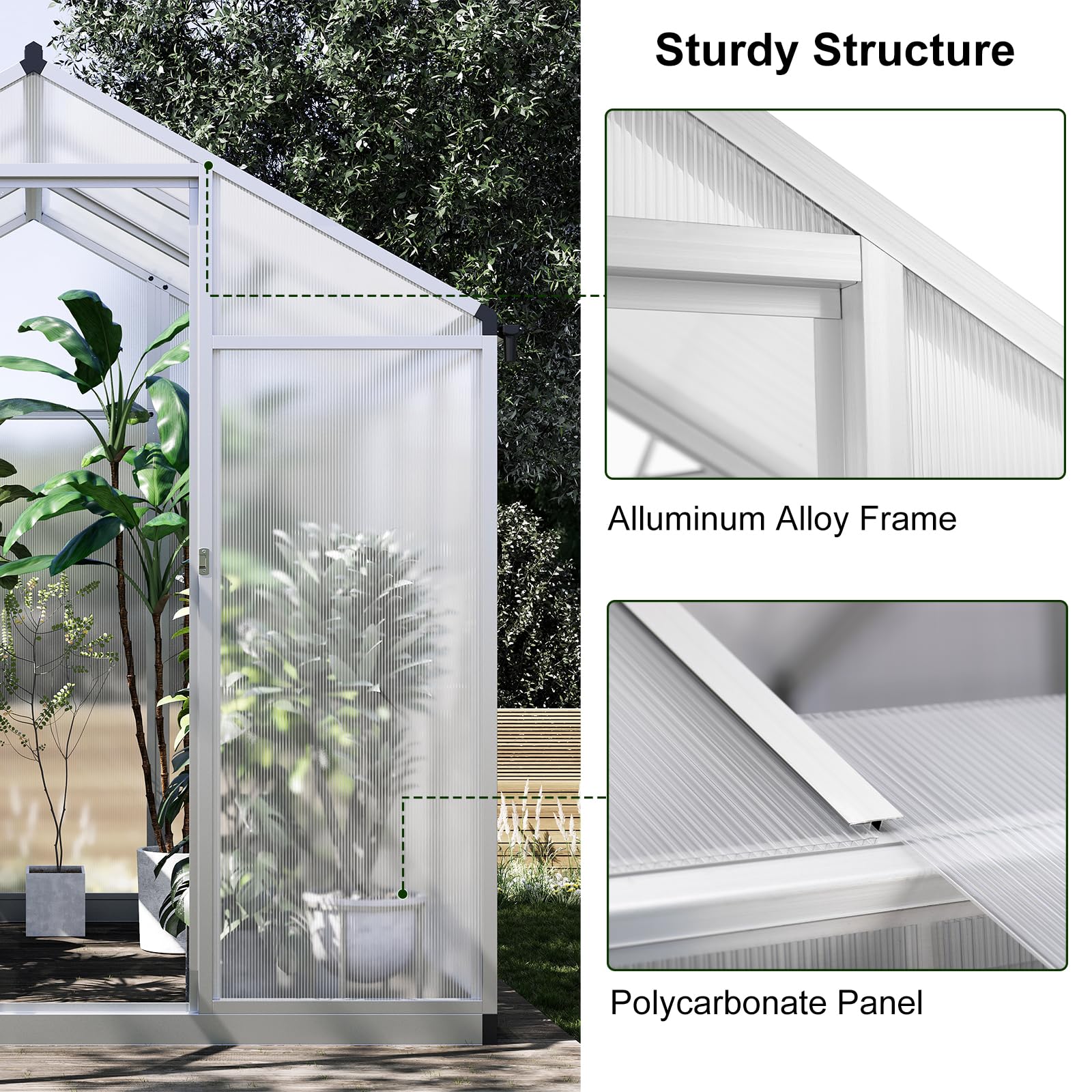 Garvee 6x6 FT Polycarbonate Greenhouse for Outdoors - Quick Setup Aluminum Walk-in Greenhouse with Roof Vent for Garden, Backyard & Patio - Durable Silver Structure for Year-Round Plant Growing & Gardening