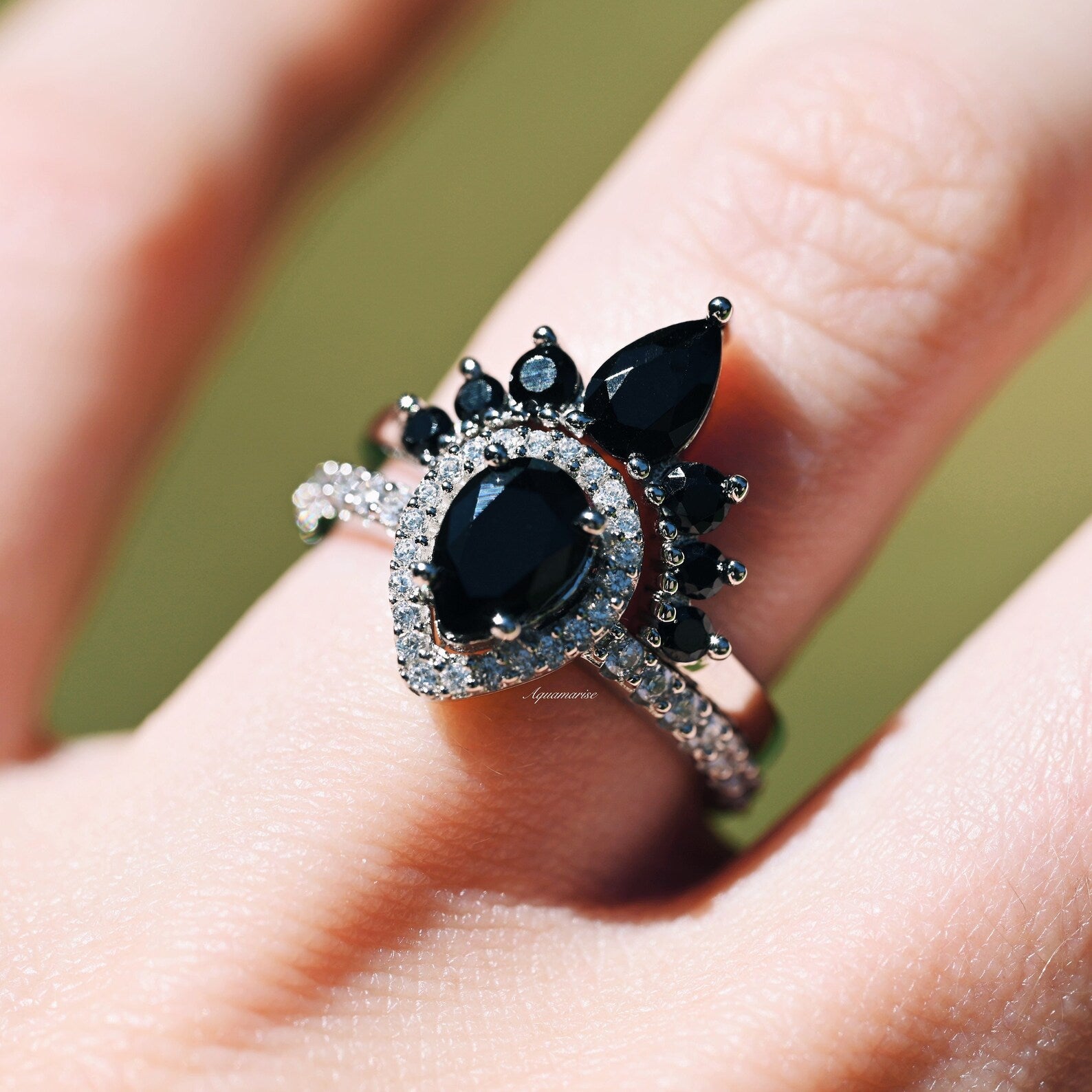 Amy Black Diamond (Onyx) Ring Set - 925 Sterling Silver Women's Jewelry for Wedding, Anniversary & Special Occasions