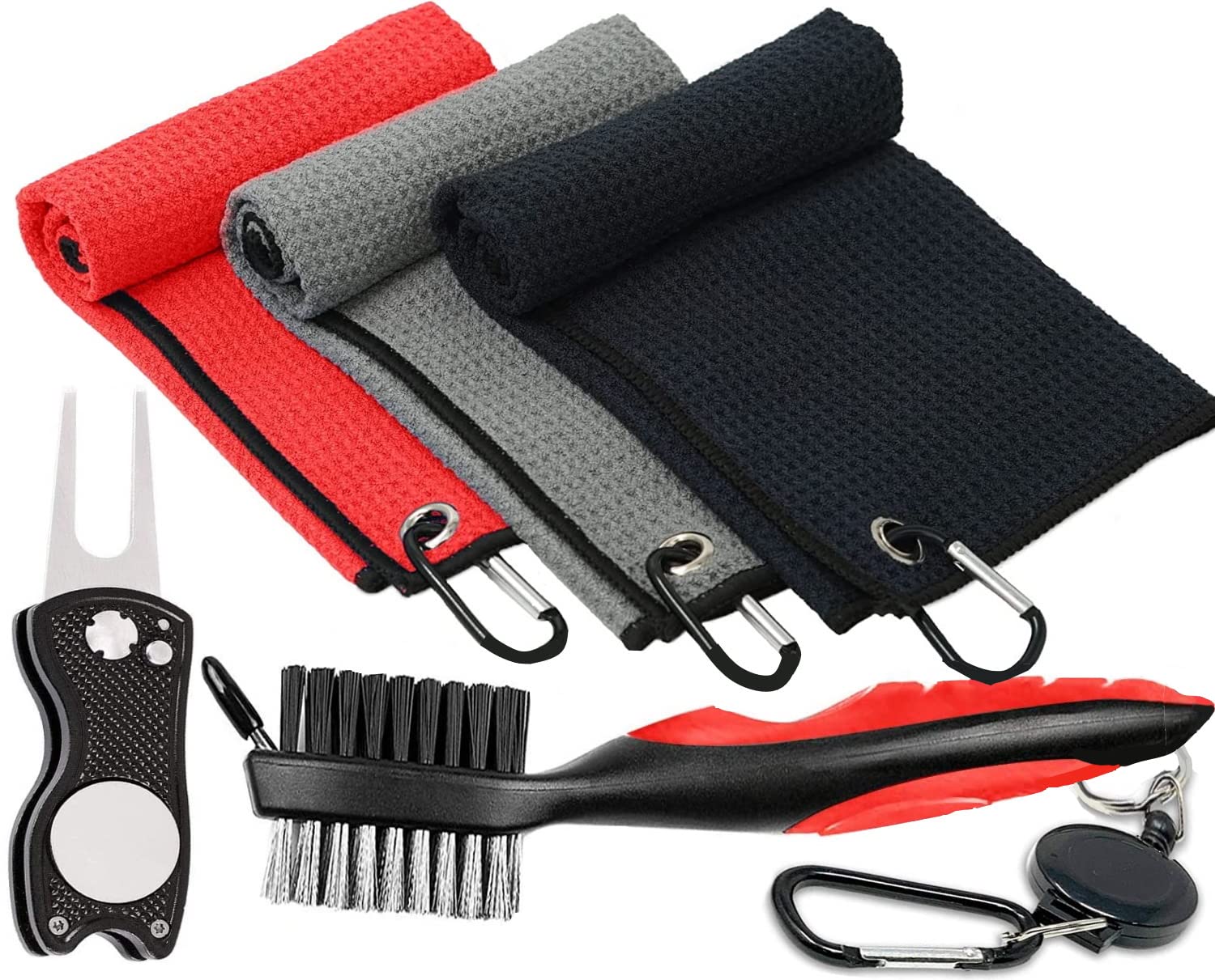 Premium Golf Towel Pack - 3 Pack Super Absorbent Microfiber Waffle Pattern Golf Towels with Club Brush, Groove Cleaner & Divot Tool | Perfect for Golf Course, Driving Range & Club Cleaning