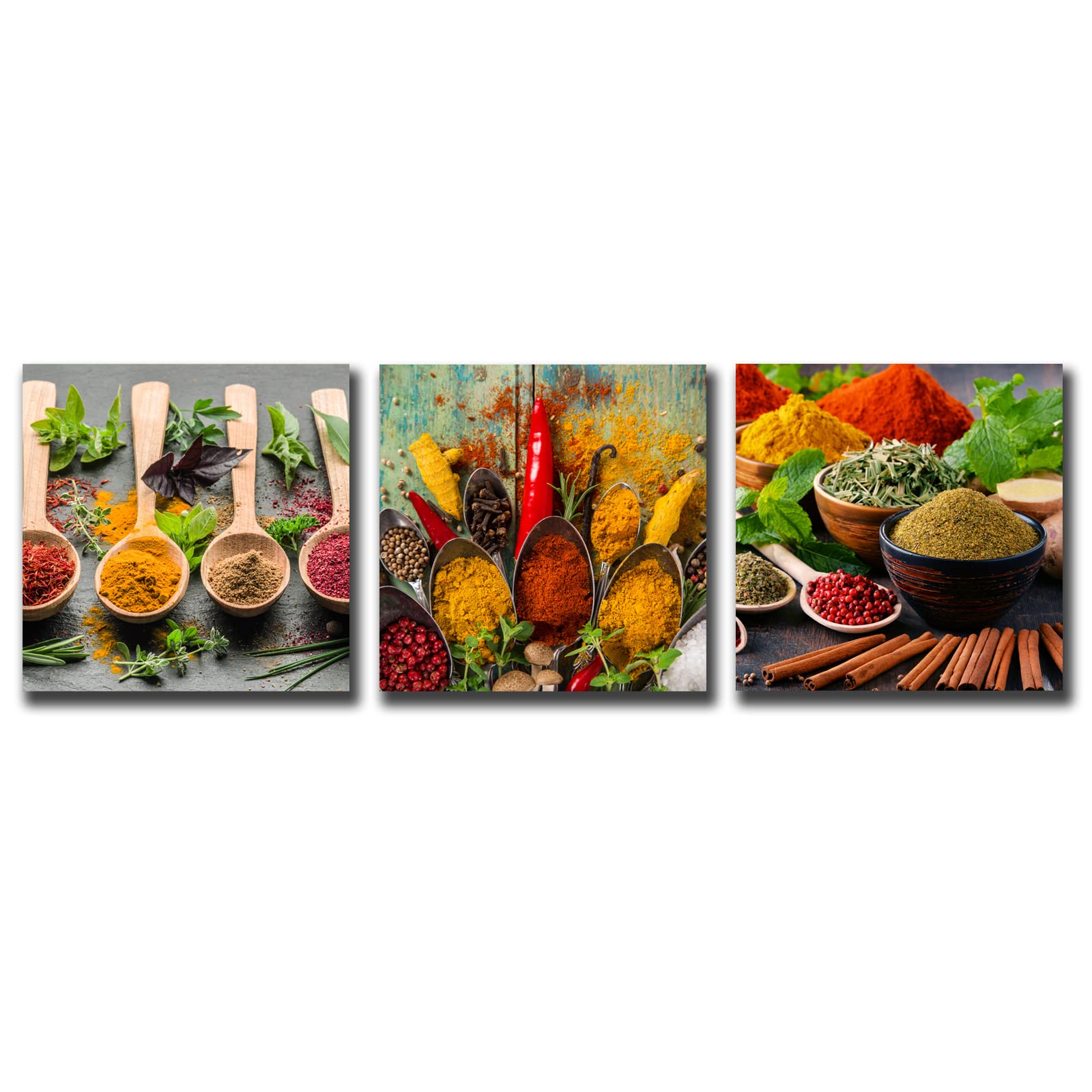Biuteawal - 3 Piece Kitchen Wall Art Set with Spice & Spoon Canvas Prints, Herbs & Food Painting for Home & Dining Room Decor - Ready to Hang | Perfect for Farmhouse, Modern & Rustic Kitchen Decoration