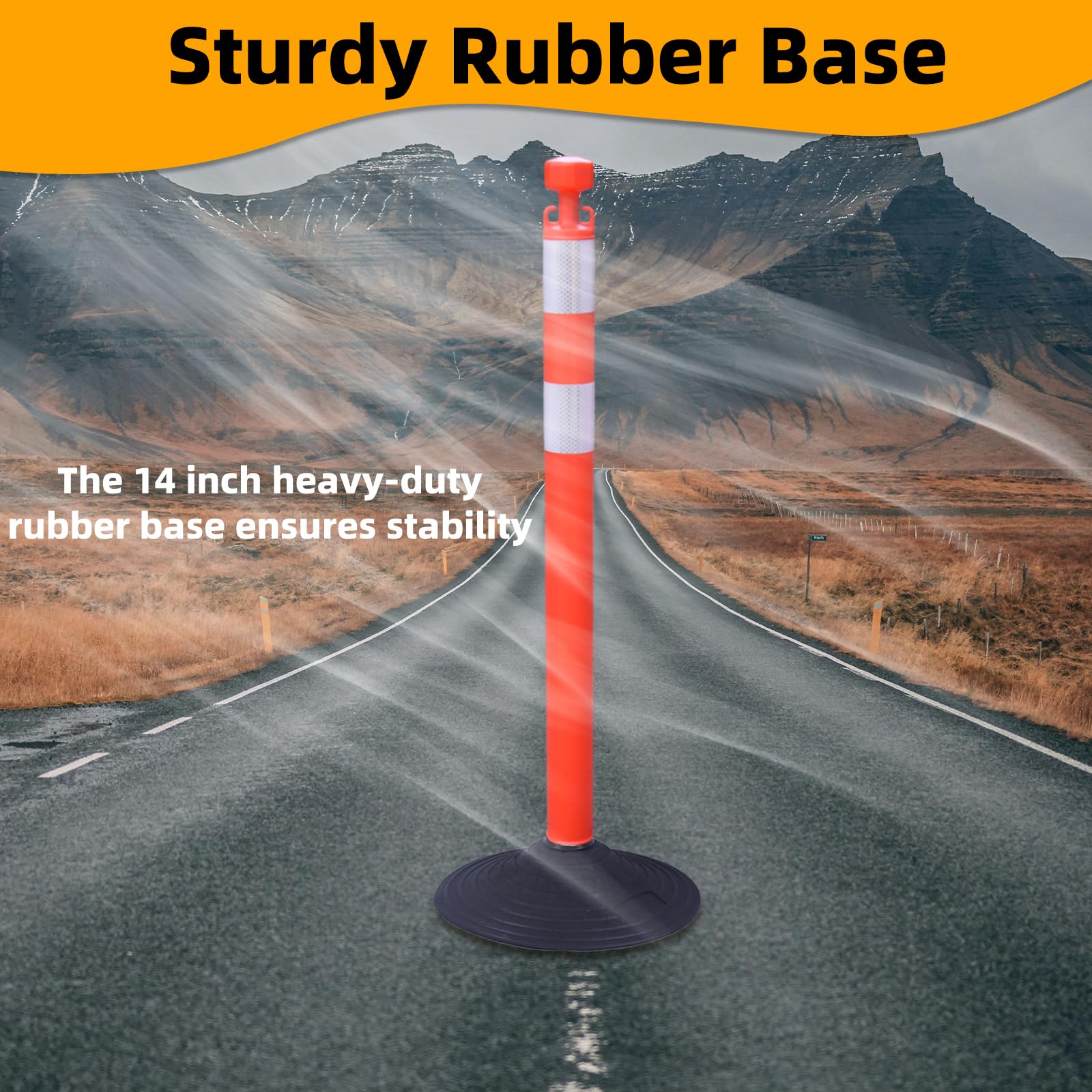 6 Pack 39 Inch Red Traffic Delineator Posts with 2 White Reflective Collars - Safety Cones with 6.6 Feet Chains & 14 Inch Rubber Base for Road Safety, Parking Lots, Construction Zones & Driveway Marking (Red)