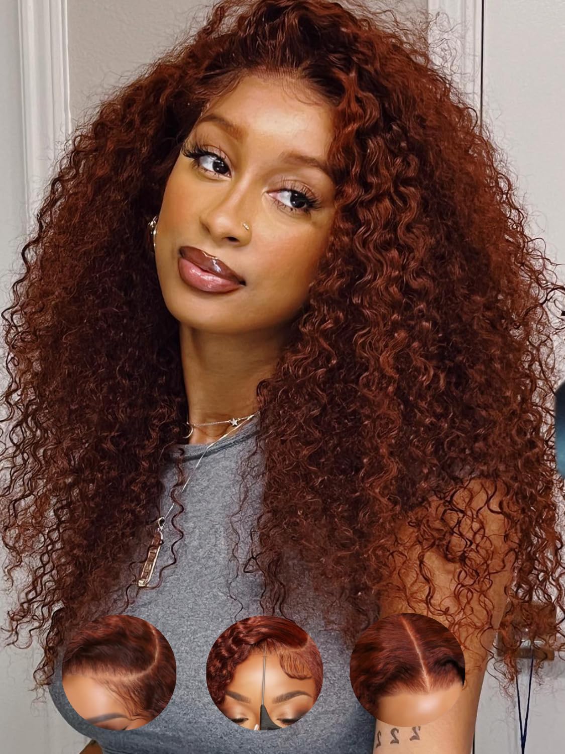 Julia Hair Bye Bye Knots 7x5 Glueless Wig - Pre Cut Lace Front Curly Human Hair Wig in Reddish Brown | 16 Inch Deep Curly with Invisible Knots | Pre Plucked Natural Hairline | Ready to Wear | Perfect for Daily Wear, Cosplay & Special Occasions