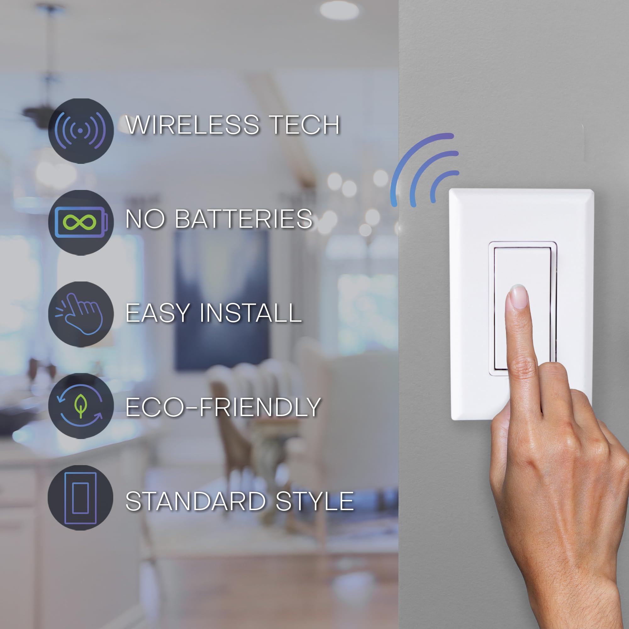 RunLessWire 2 Fixture Remote Light Switch Kit - Wireless, Battery-Free, Self-Powered Kinetic DIY Wall Switch - 150ft RF Range - Includes 2 On/Off Receivers & 1 Switch - Light Almond - Perfect for Bedrooms, Living Rooms & Home Automation