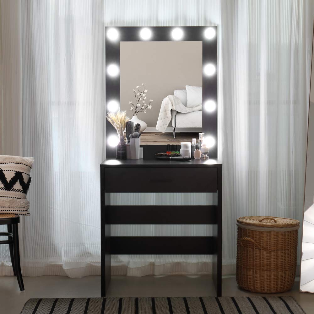 GBB Single Drawer Vanity Table with LED Lights & Large Mirror - Makeup Dressing Table for Bedroom, Home Office, Hair Salon & Studio - Black Cosmetic Storage Desk with Adjustable Cold Lighting for Professional & Home Use