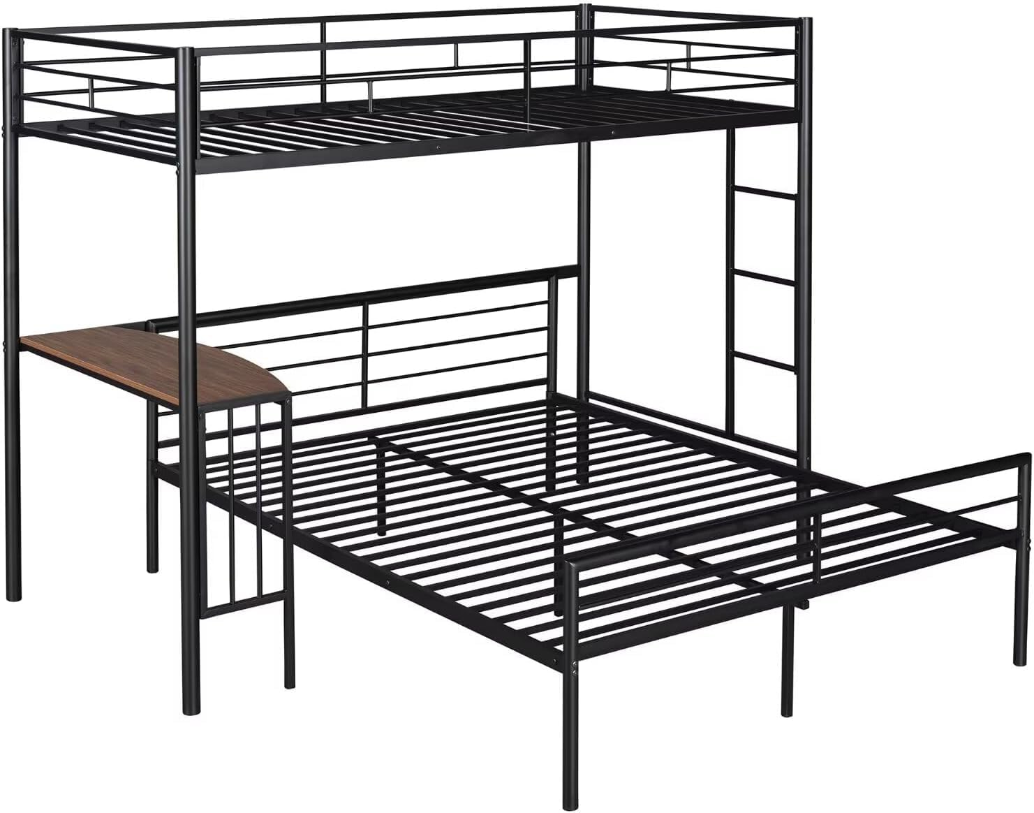 Twin Over Full Metal L-Shaped Bunk Bed with Desk - Space Saving Convertible Bunk Bed Frame for Kids & Teens | Guardrail & Ladder Included | Noise-Free Black Finish | Converts to Twin Loft Bed or Full Platform Bed | Perfect for Small Bedrooms, Dorm Rooms & Shared Kids' Spaces
