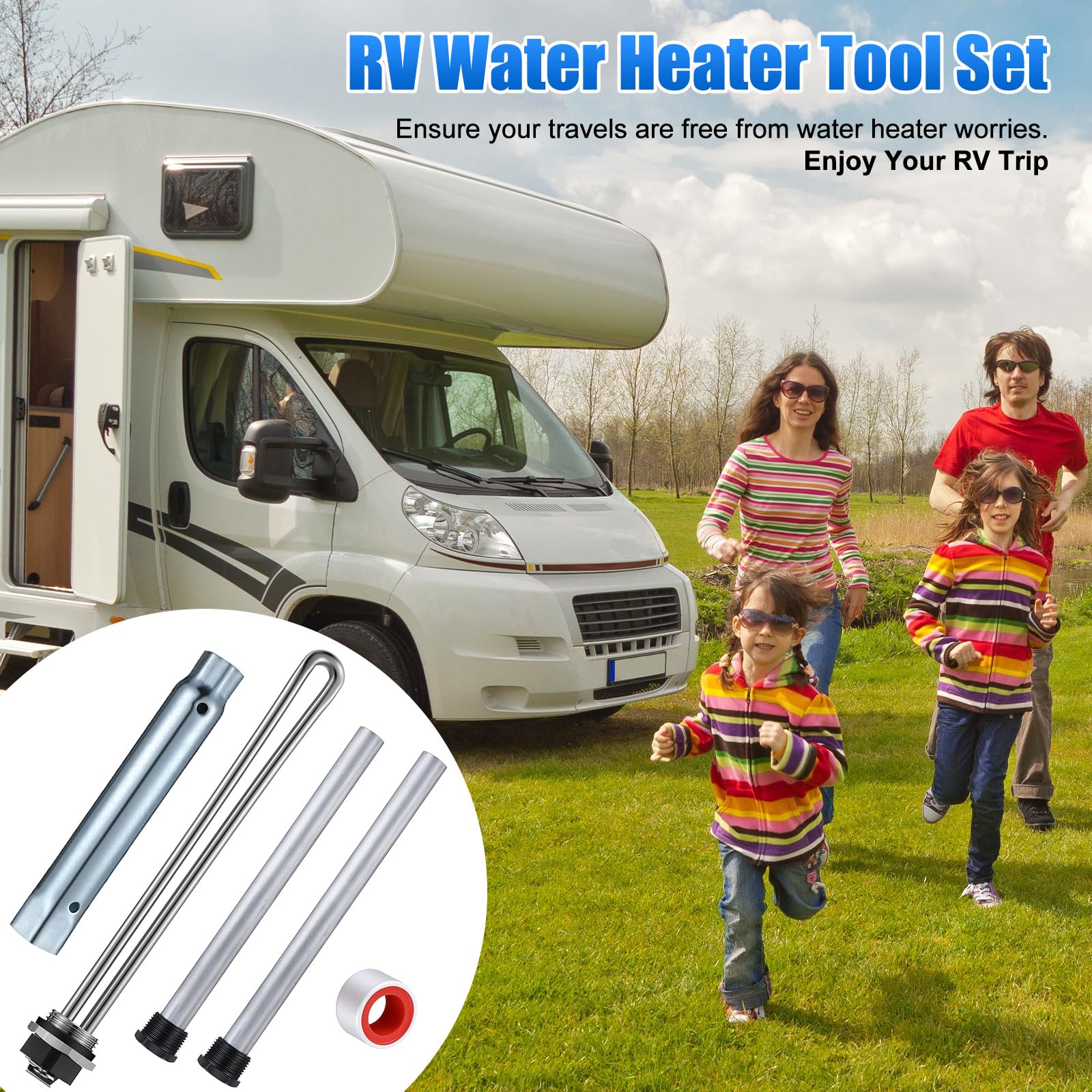Saillong 5-Piece RV Water Heater Replacement Kit - Includes 2 Anode Rods, 1 Electric Heating Element, 1 Dual Hex Wrench & 1 Teflon Tape - Compatible with Suburban RV Water Heaters | Perfect for RV Maintenance, Camping Trips & Off-Grid Living