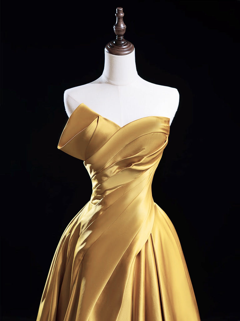 Elegant A-Line V-Neck Satin Gold Long Prom Dress for Women - Formal Evening Gown for Homecoming, Ball, Wedding & Special Occasions