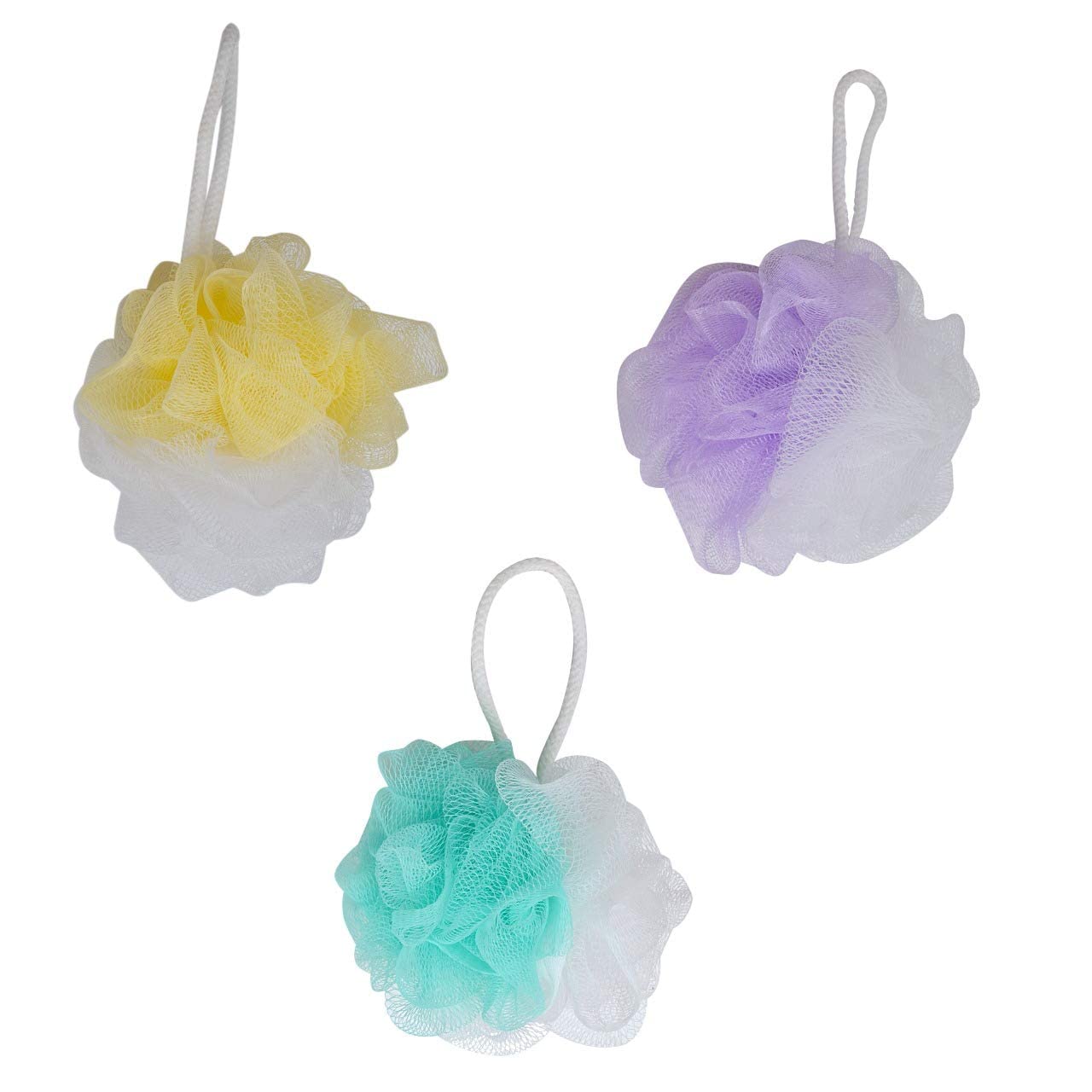 MAPPERZ Round Loofah Bath Sponge - Exfoliating Body Scrubber & Shower Pouf for Men & Women | High Lather Cleansing, Skin Care Accessories (3-Pack, Random Colors) | Perfect for Daily Shower, Spa & Exfoliation Routine
