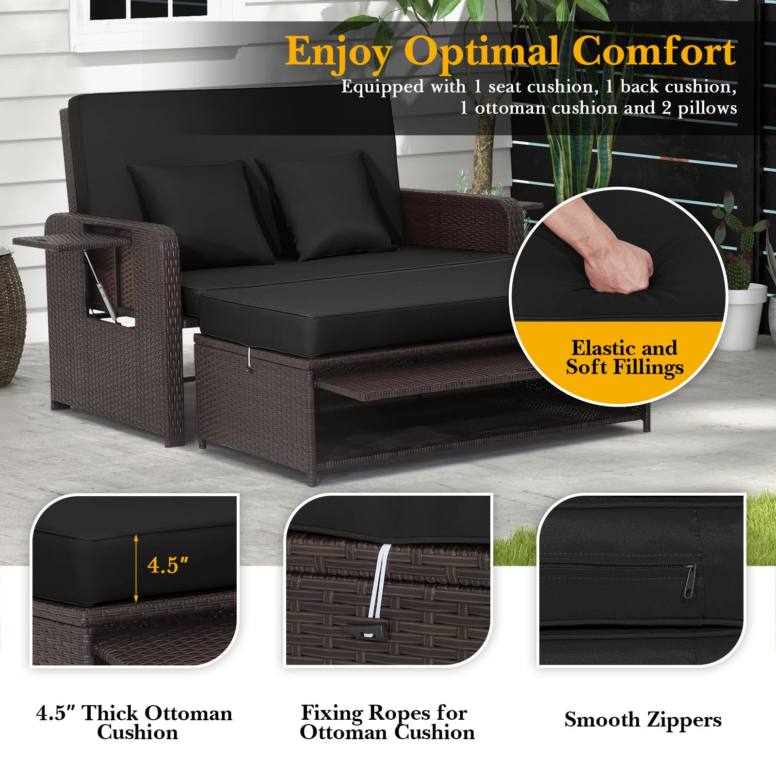 Tangkula Outdoor Rattan Daybed Set with Adjustable Backrest, Wicker Loveseat Sofa, Ottoman & Side Tray - Patio Furniture for Garden, Poolside, Balcony (Black) - Includes Storage Footstool & Cushions