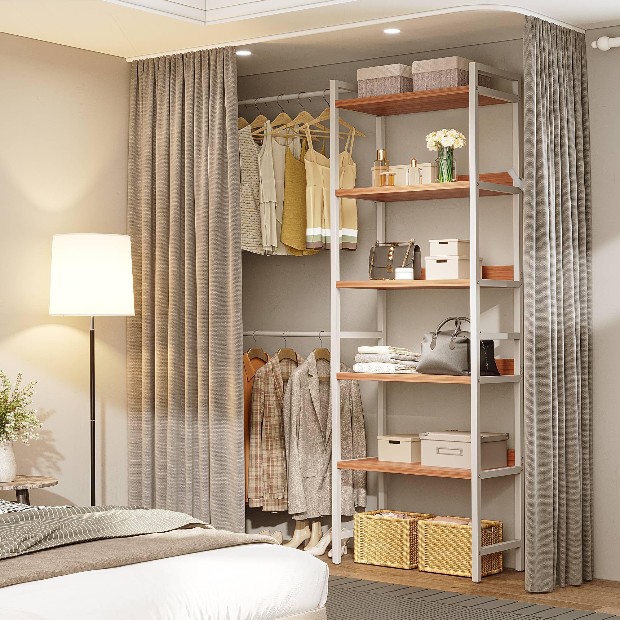 DWVO Heavy Duty Adjustable Closet Organizer System - 4 Expandable Hanger Rods & 5-Tier Wood Shelves with Backboard for Walk-In Closets, Bedrooms (Fits 6-9 ft Spaces) - Perfect for Closet Organization, Garment Storage & Home Decor