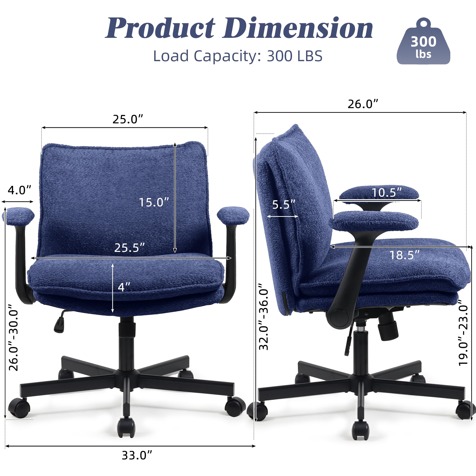 Ergonomic Cross Legged Office Chair with Wheels - Adjustable Flip-Up Armrests & Wide Seat - Navy Blue Upholstered Desk Chair for Home Office, Vanity, Apartment - Perfect for Meditation, Reading & Computer Work