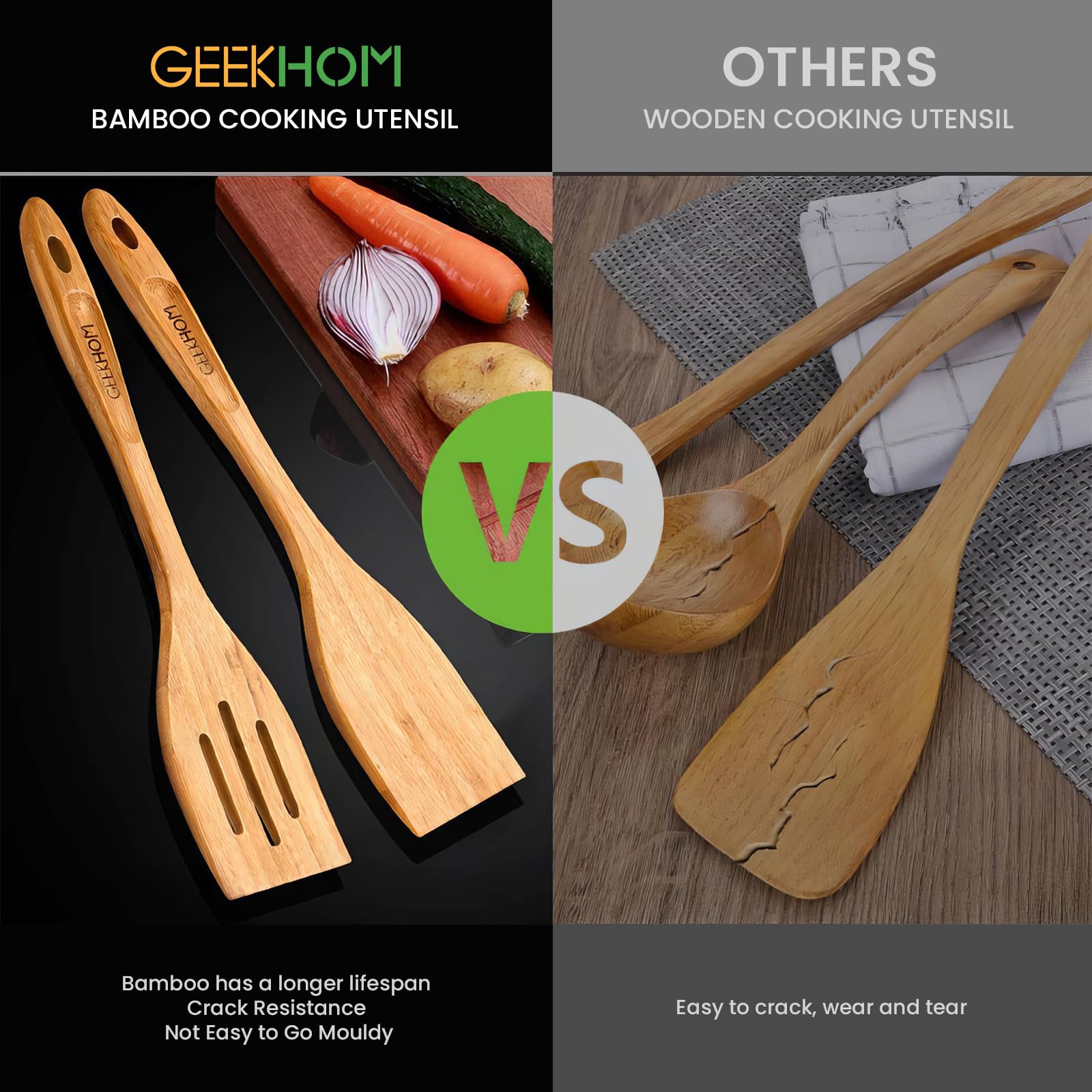 GEEKHOM 2-Pack 13 Inch Bamboo Spatulas for Nonstick Cookware - Wooden Kitchen Utensils for Cooking, Flipping Pancakes, Fish & Eggs - Eco-Friendly Slotted Wok Turner - Perfect for Sauteing, Stir-Frying & Serving Healthy Meals