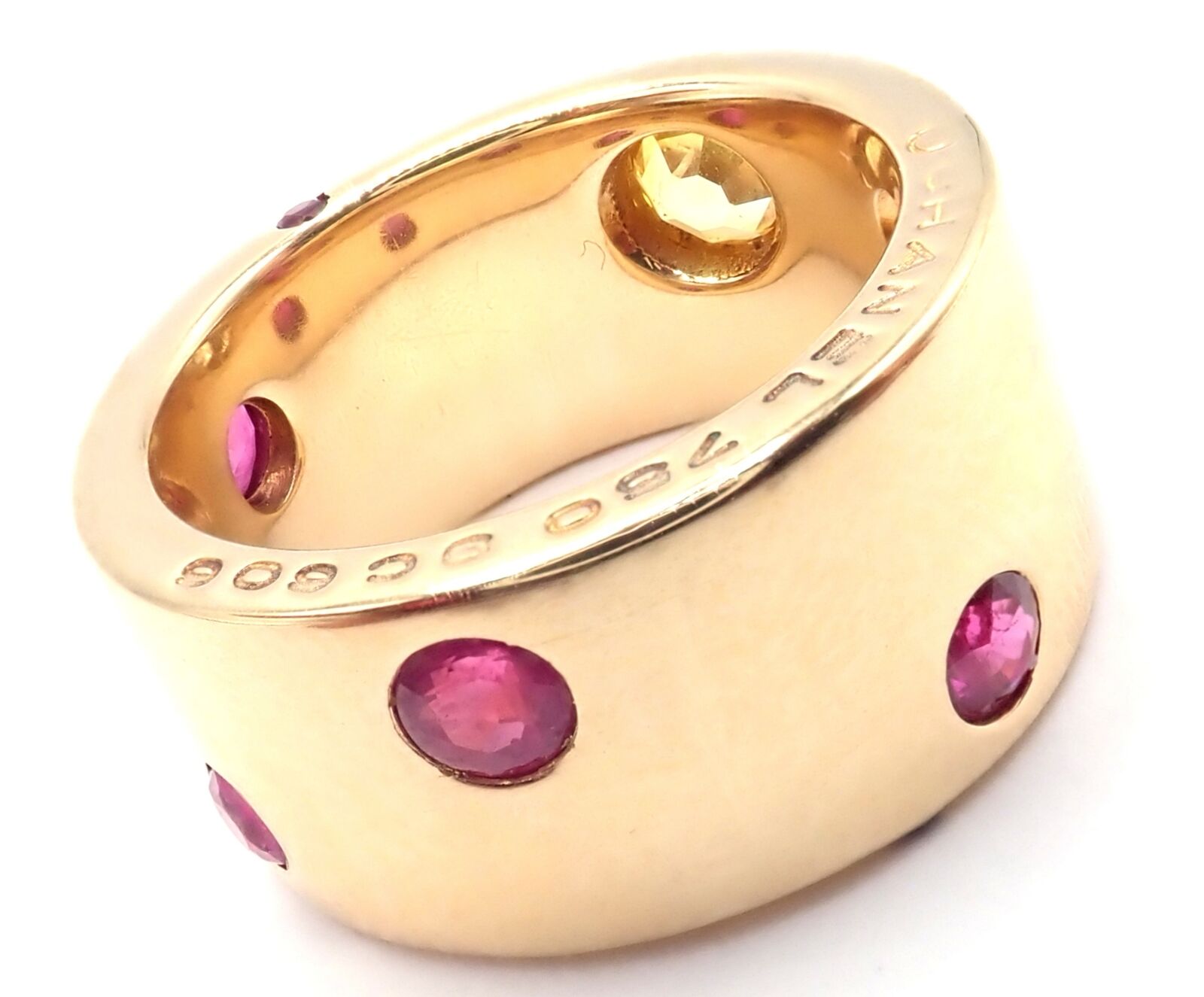 Authentic Chanel 18k Yellow Gold Ruby & Yellow Sapphire Wide Band Ring - Size 5 | Luxury Fashion Jewelry for Women, Perfect for Weddings, Parties & Special Occasions