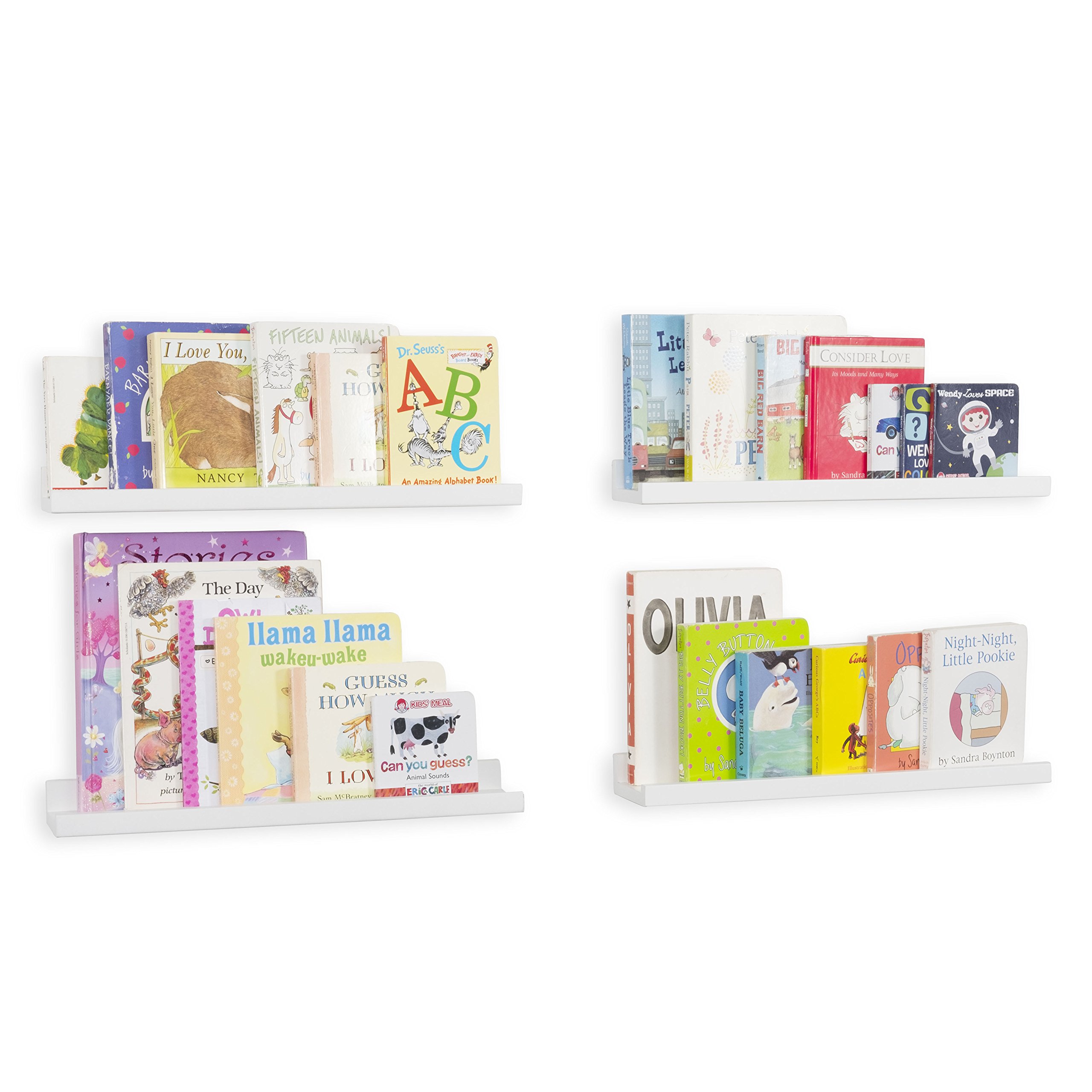 Wall Mounted Floating Shelves Set of 4 - 17 Inch White Picture Ledge for Nursery Decor, Kids Room Bookshelf & Display - Perfect for Organizing Toys, Books, and Photo Frames in Children's Bedroom or Playroom