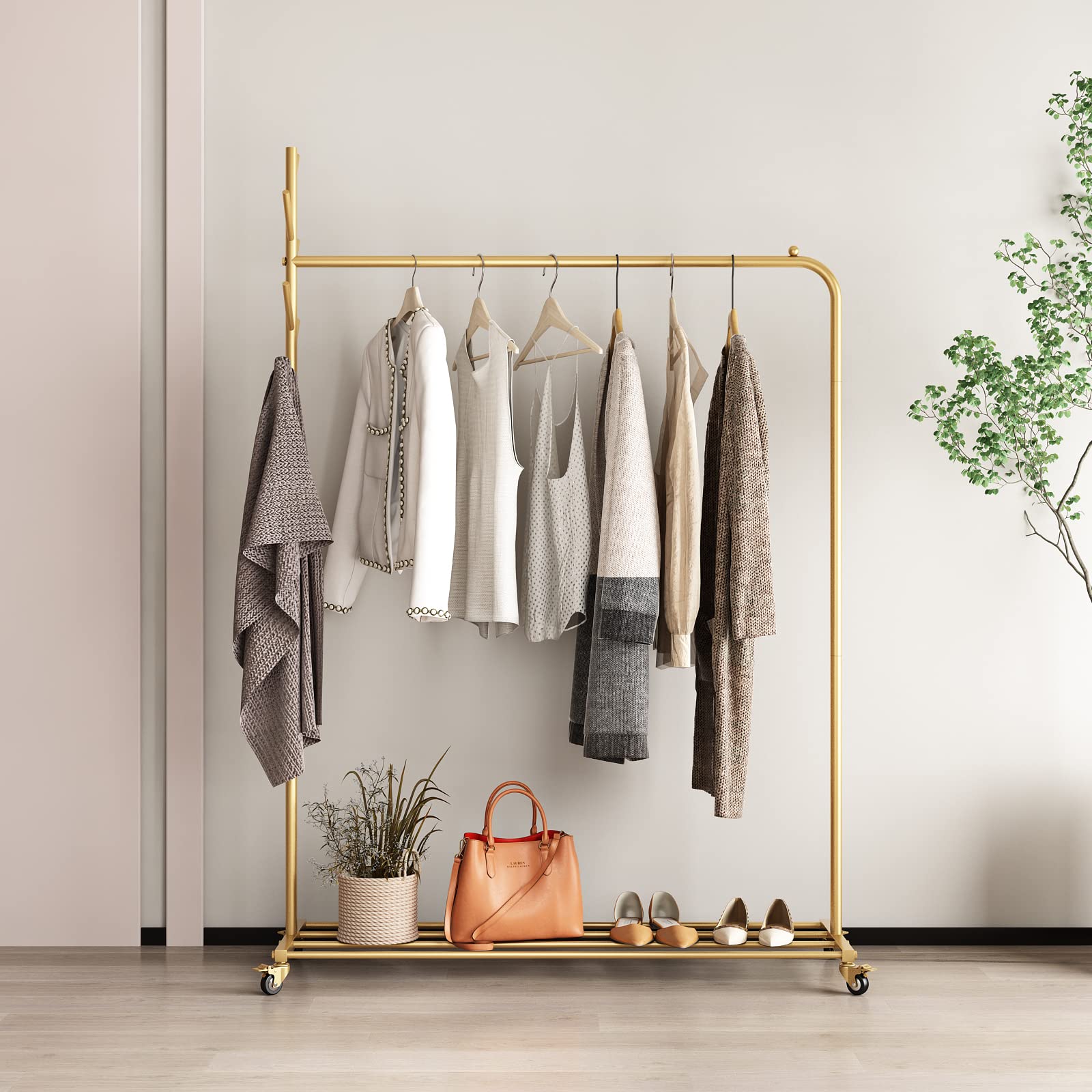 Industrial Gold Metal Clothing Rack - Heavy Duty Rolling Garment Rack with Shelf for Hanging Clothes, Boutique Display & Coat Storage | Perfect for Retail Stores, Walk-in Closets & Home Organization