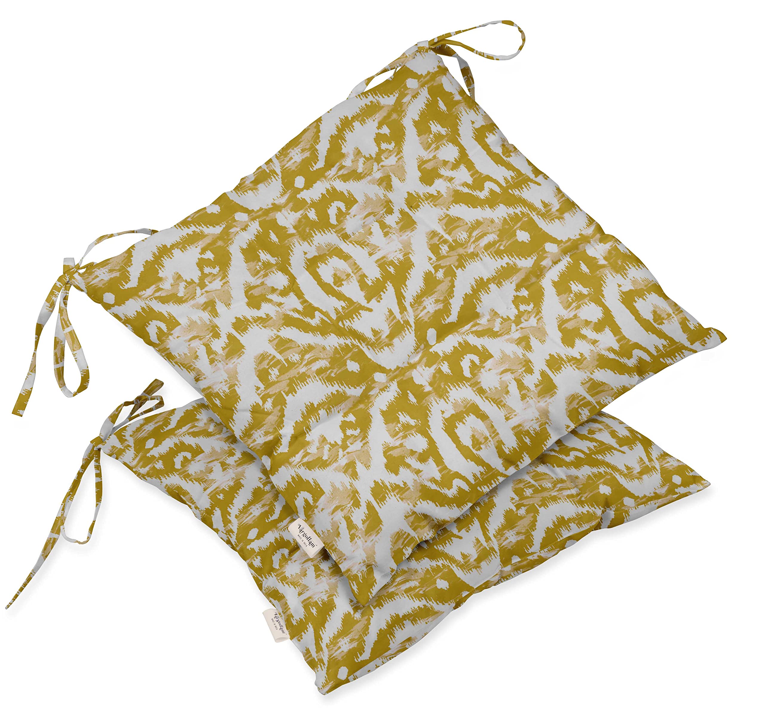 Waterproof 19-inch Yellow Ikat Tufted Square Patio Cushion Set of 2 - Indoor/Outdoor Furniture Seat Cushions for Garden, Deck & Poolside Lounging