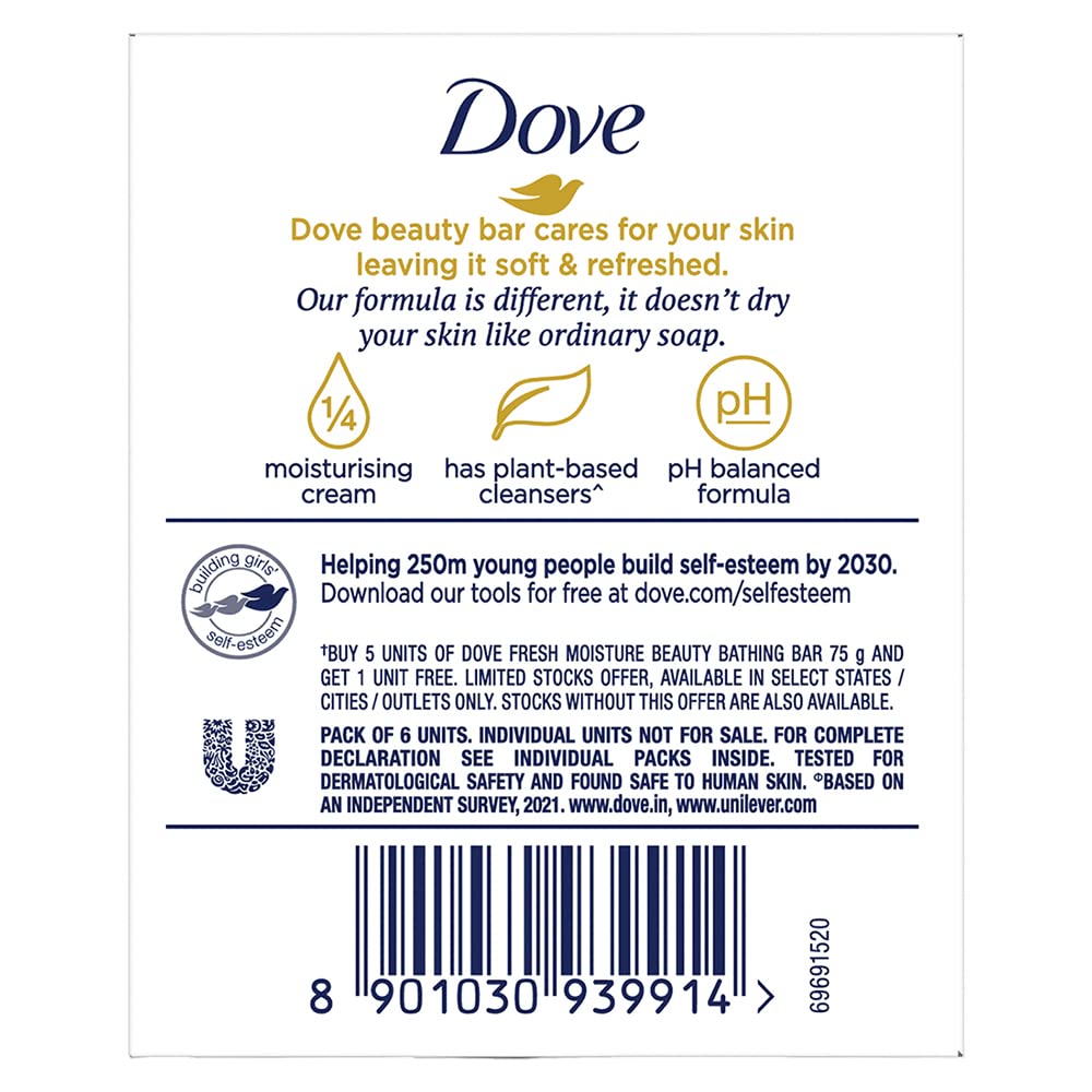 Dove Fresh Beauty Bar Soap with Cucumber & Green Tea - 6 Pack (75g Each) for Hydrated, Glowing Skin - Gentle Cleansing for Face & Body - Perfect for Daily Shower & Travel