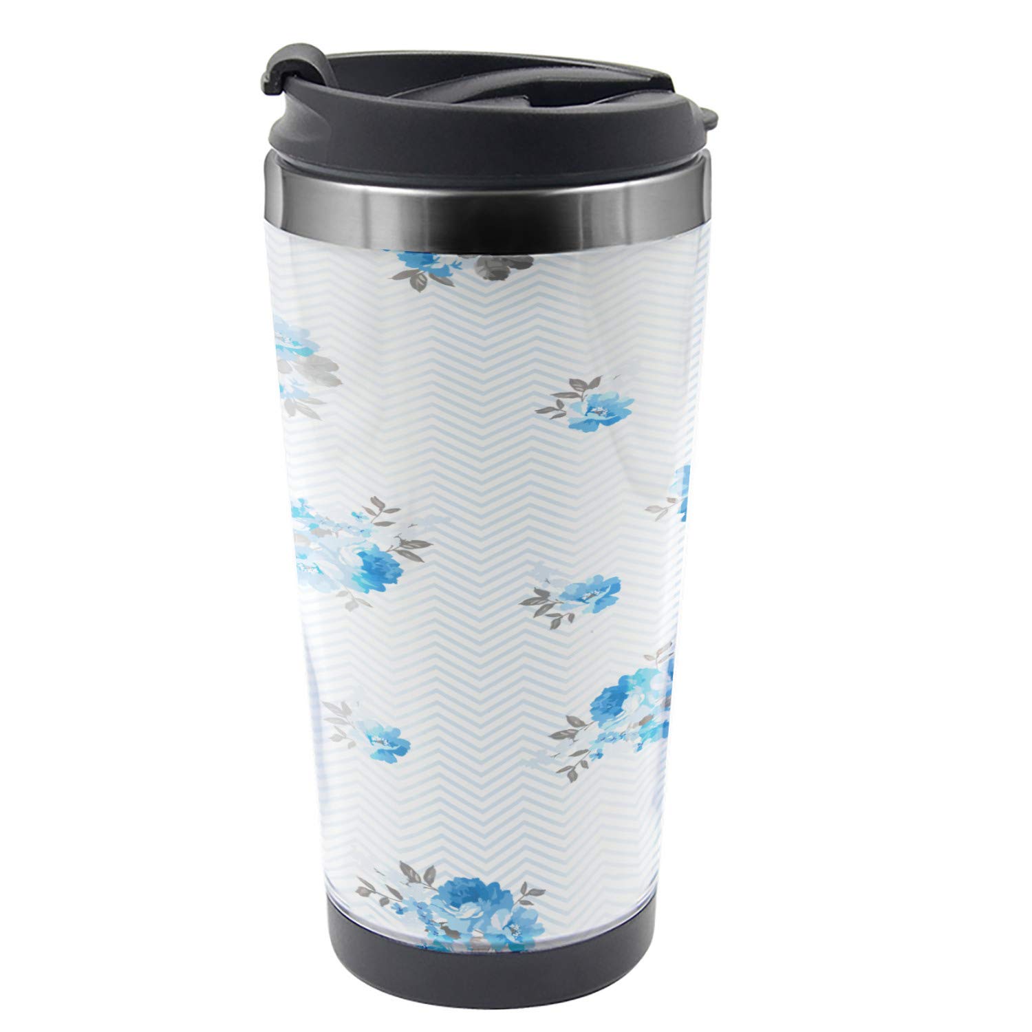 Ambesonne Rose Travel Mug - 16 oz Stainless Steel Thermal Cup with Romantic Blue Flower Design, Perfect for Coffee, Tea & Hot Drinks On The Go