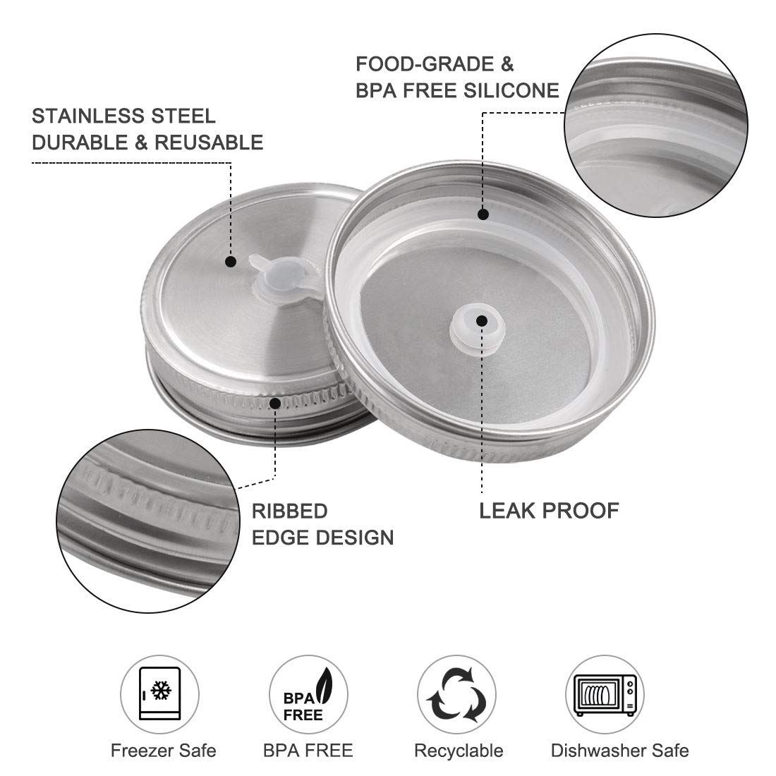 Stainless Steel Mason Jar Lids with Straw Hole - 6 Pack Regular Mouth Canning Lids for Drinking, Food Storage & Meal Prep - Perfect for Iced Coffee, Smoothies, Juice & DIY Mason Jar Crafts