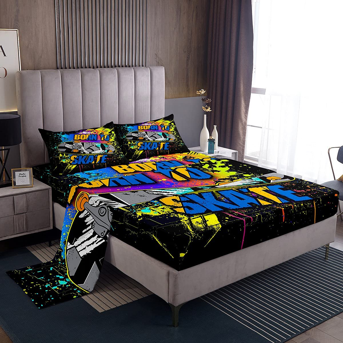Skateboard Hip Hop Street Art Graffiti Full Size Bedding Set for Kids & Teens - Colorful Tie-Dye Fitted Sheet Set Includes 1 Flat Sheet, 1 Fitted Sheet, 2 Pillowcases - Perfect for Boys & Girls Room Decor, Urban Themed Bedrooms & Skateboarder Lifestyle