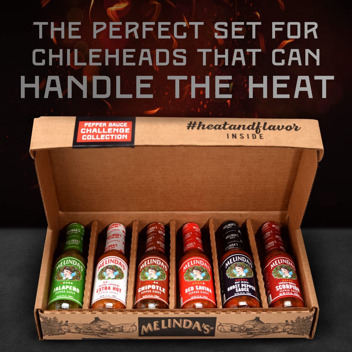 Melinda’s Extra Spicy Hot Sauce Gift Set - 6 Pack Gourmet Pepper Sauce Collection (Jalapeño, Habanero, Chipotle, Red Savina, Ghost & Scorpion) - 5oz Bottles - Perfect for Cooking, Grilling & Gifting