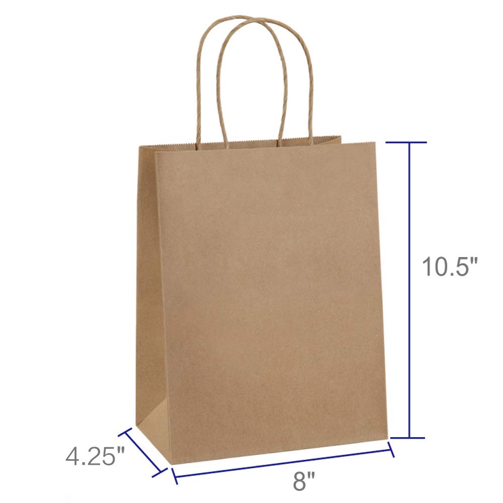 100Pcs Brown Kraft Paper Gift Bags with Handles 8x4.25x10.5 Inches - Bulk Wedding, Party Favor & Retail Merchandise Bags | Eco-Friendly Grocery Shopping, Gift Wrapping & Event Decorations