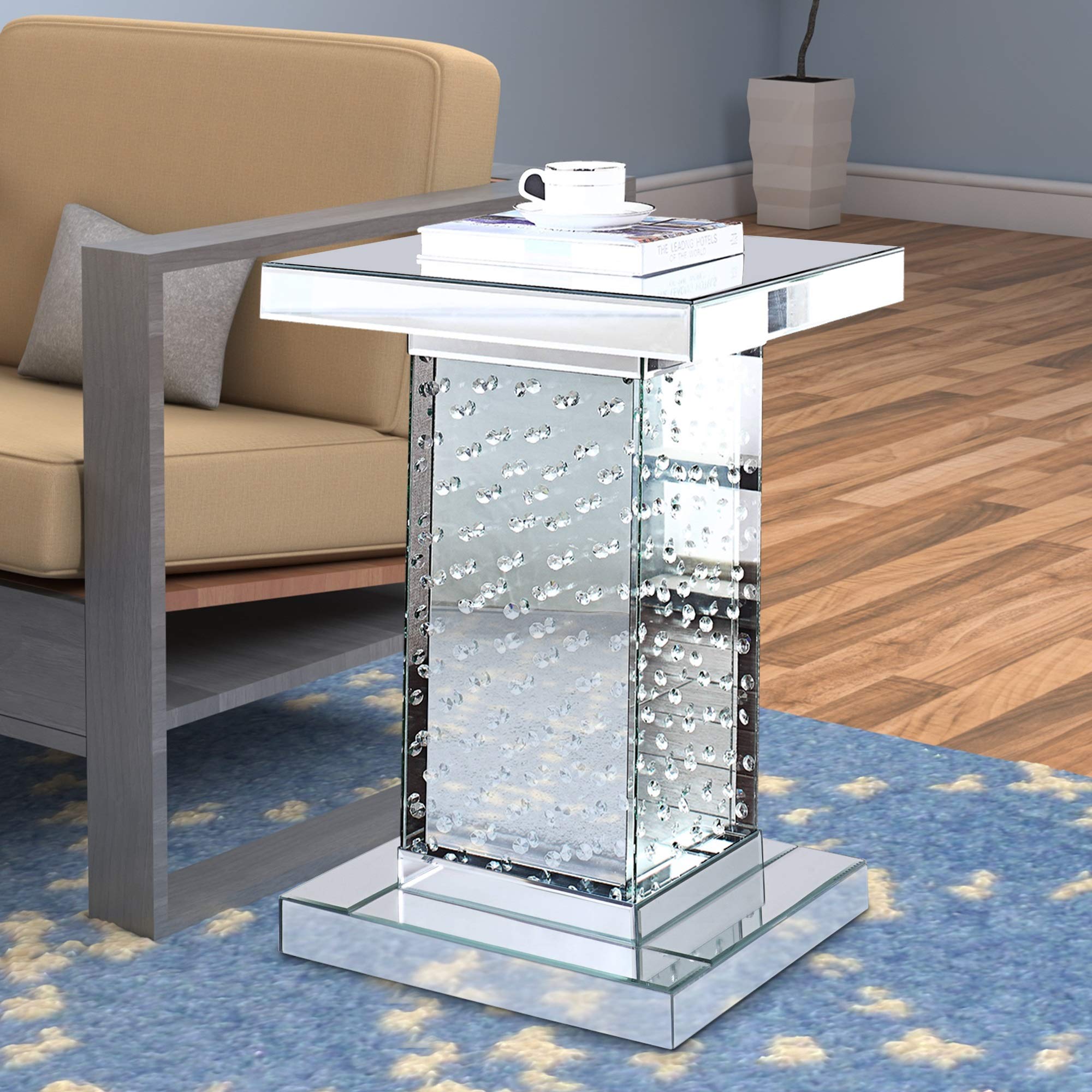 Benjara Wood and Mirror End Table with Faux Crystal Inlays - Clear Glass Accent Table for Living Room, Bedroom & Entryway Decor