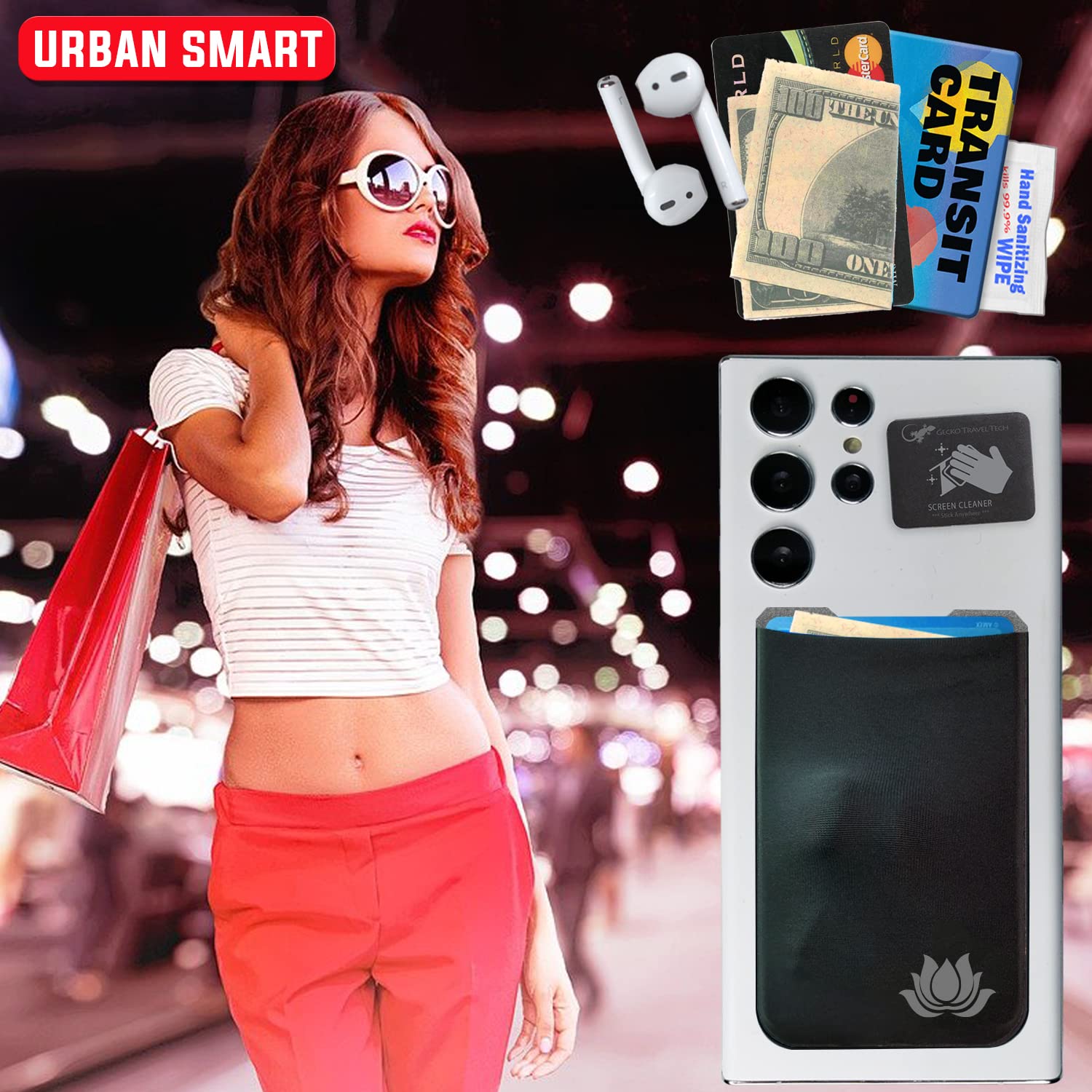 Gecko Stick-On Phone Wallet - Slim Adhesive Card Holder for iPhone & Android - Secure Lycra Pocket for Credit Cards, Cash & ID - Perfect for Gym, Running & Travel