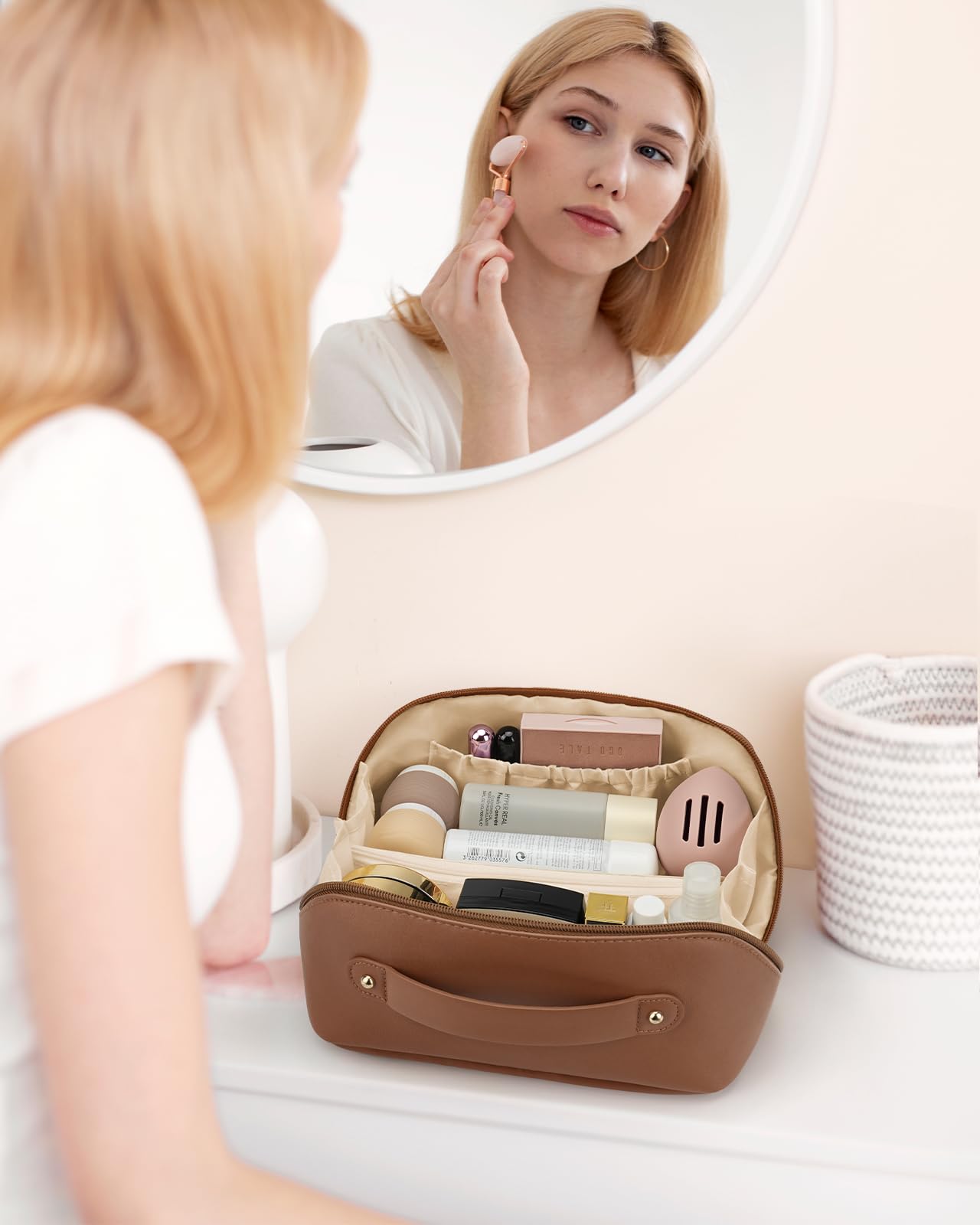 Travel Makeup Bag with Leak-Proof Toiletry Containers - Mini Cream Jars, Refillable Perfume Bottles & Sponge Holder | Perfect for Airplane Carry-On & Vacation Essentials