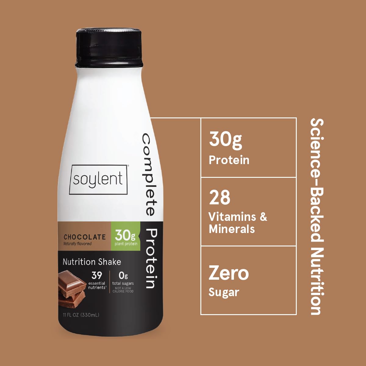 Soylent Complete Protein Shake - Chocolate Flavor, 30g Plant-Based Vegan Protein, Dairy Free, Zero Sugar, Ready-to-Drink Meal Replacement (11oz, 12 Pack) - Perfect for Post-Workout Recovery, Busy Professionals & On-the-Go Nutrition
