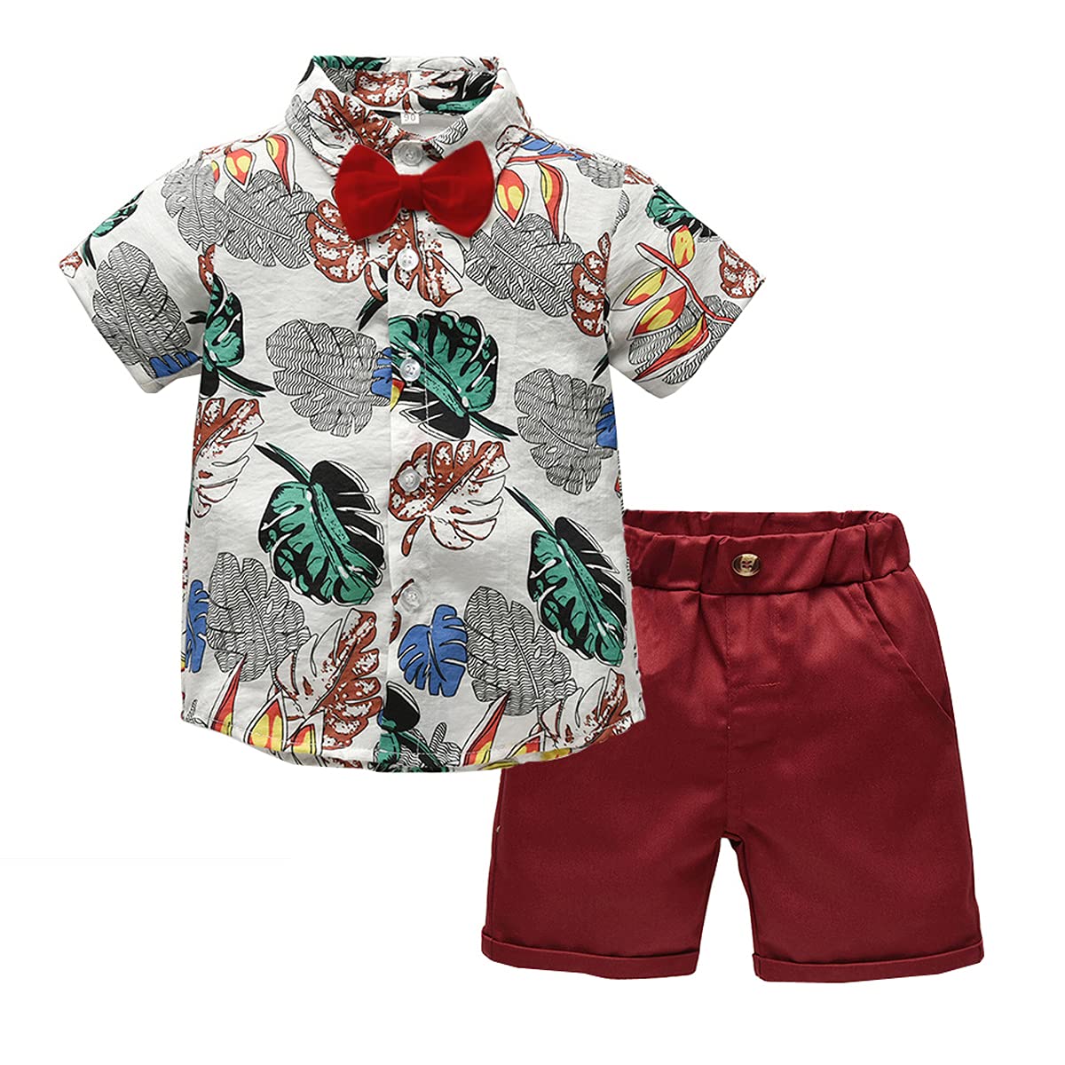 Boys' Hawaiian Summer Outfit Set - Floral Shirt with Bow Tie & Matching Shorts | Beach Vacation, Birthday Party & Photo Shoot Outfits for Toddlers
