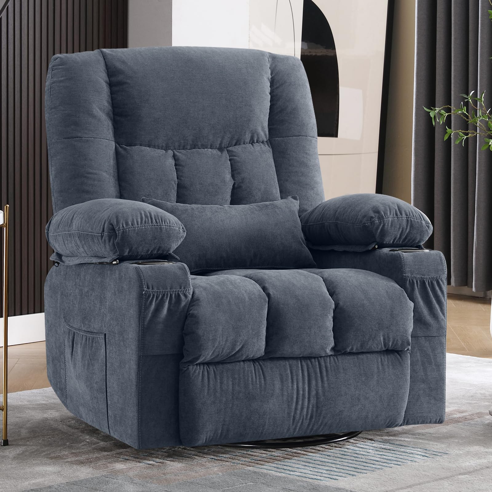 Ergonomic Massage Recliner Chair with Vibration & Heat - Swivel Rocking Lounge Chair with USB Charging Port, Cup Holders & Side Pocket for Living Room | Perfect for Relaxation, Home Theater & Pain Relief