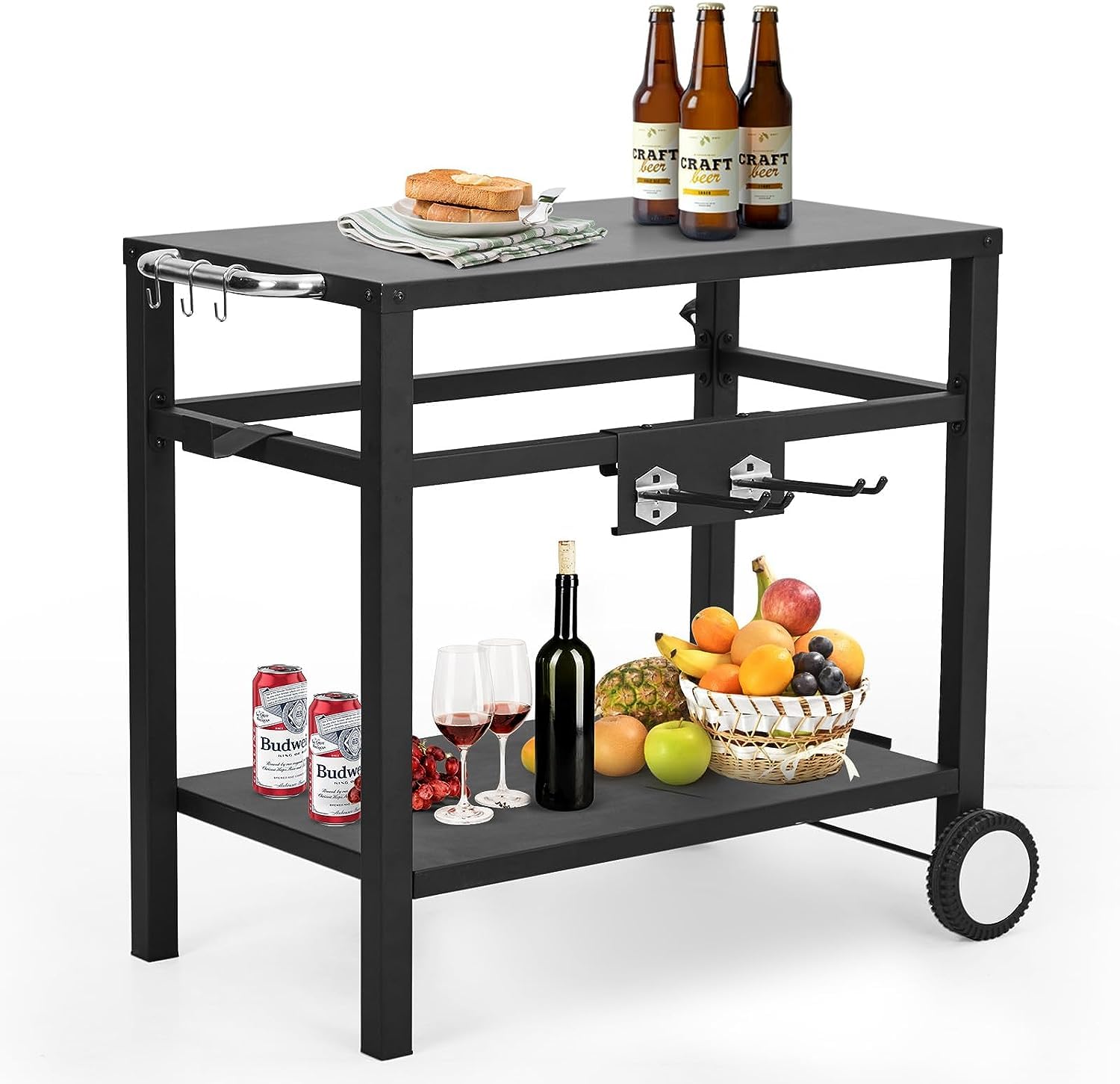 Premium Rolling Bar Cart with Wheels & Hooks - Outdoor BBQ Prep Table, Pizza Oven Stand & Grilling Station - Double Shelf Mobile Kitchen Cart with Side Handle - Perfect for Backyard, Patio, Camping & Home Kitchen Use (Black)