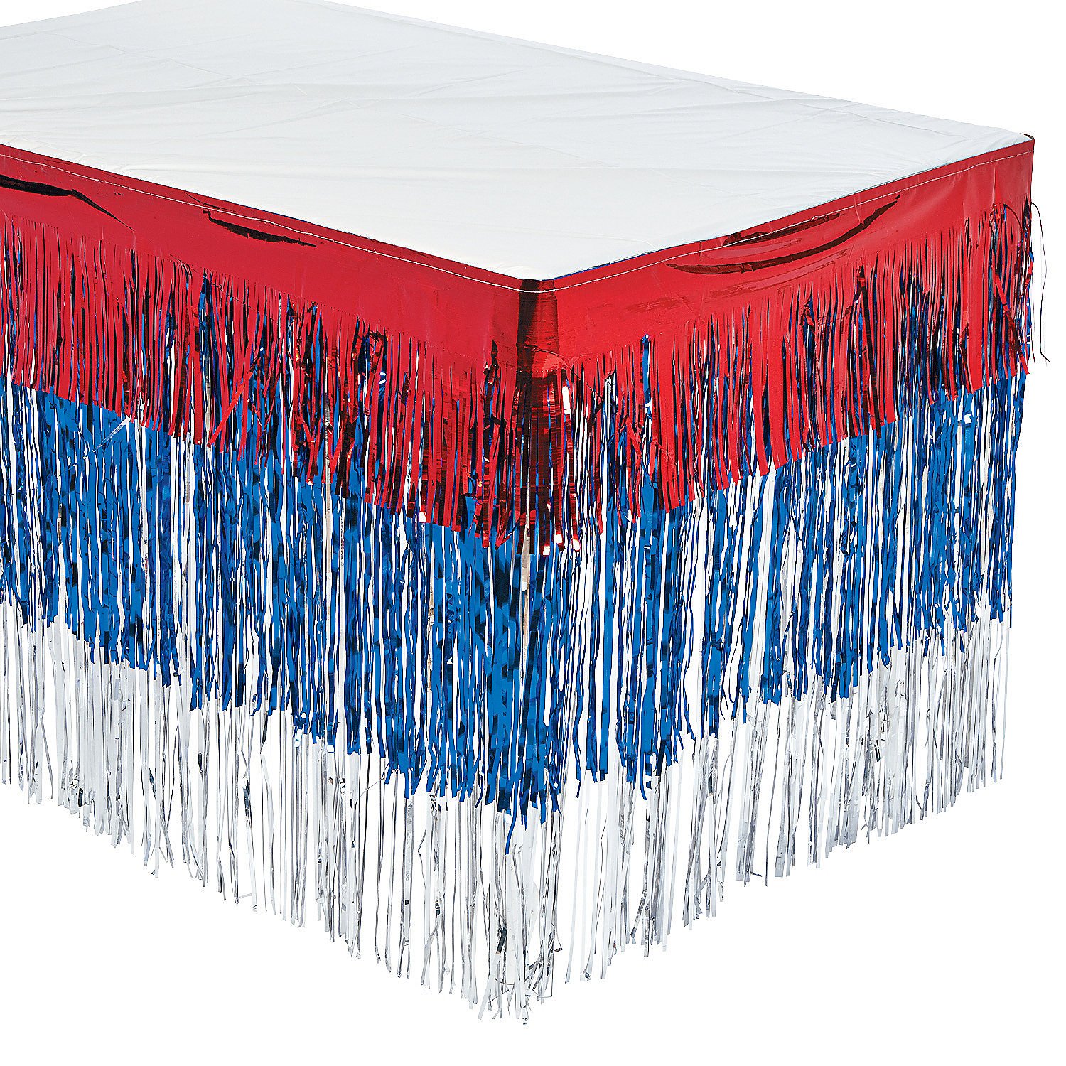 Fun Express Patriotic Fringe Table Skirt - 54 Inch Red White & Blue Party Table Cover - Perfect for 4th of July, Memorial Day & Independence Day Decorations