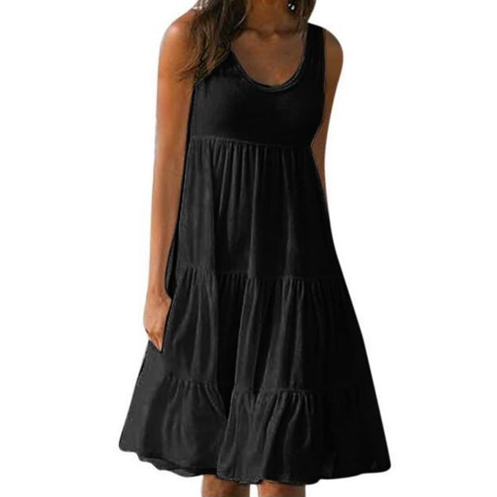 Kasituny Women's Casual Sleeveless Solid Color Midi Dress with Split Hem - Summer Streetwear, Beach Cover Up, Party Outfit - Black (Size M)