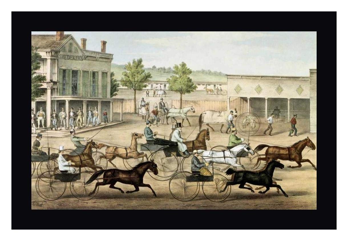 Going To The Trot by Currier and Ives - 14x20 Inch Framed Canvas Art Print with Black Frame - Ready to Hang Wall Decor - Perfect for Living Room, Bedroom or Office