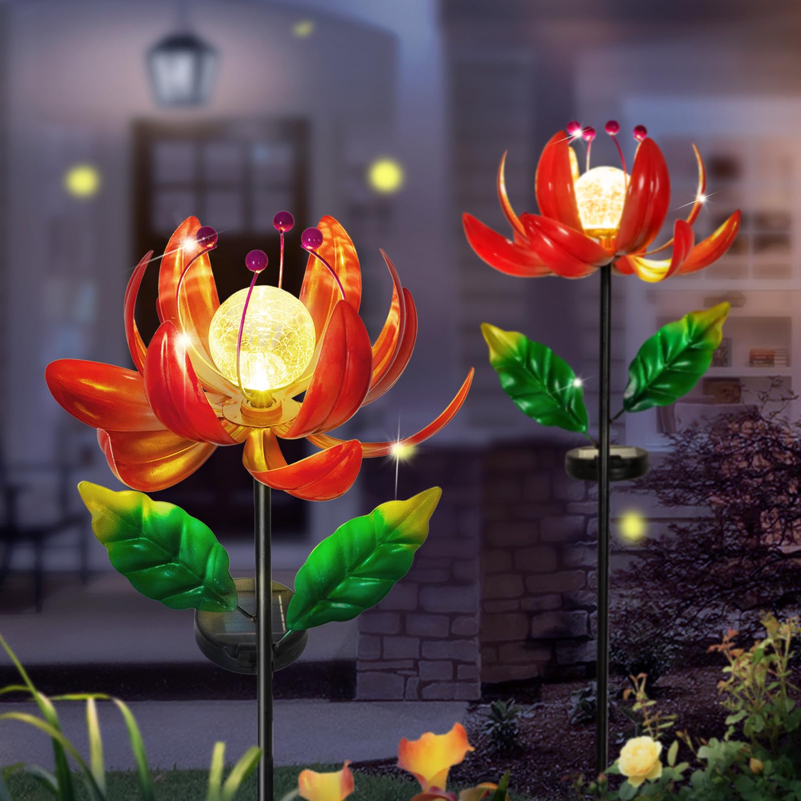 Solar Powered Outdoor Wind Spinner - Metal Lotus Flower Garden Decor with Waterproof LED Crackle Glass Globe for Patio, Lawn & Yard | Perfect for Backyard, Pathway & Landscape Lighting at Night