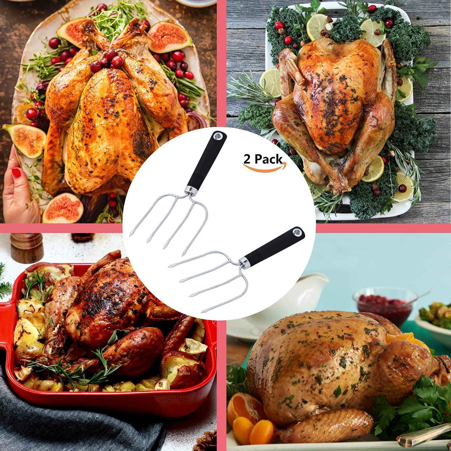 Premium Silicone Turkey Baster with Non-Slip Handle & Stainless Steel Poultry Forks Set - Includes 2 Marinade Needles for Juicy Roasts | Perfect for Thanksgiving, Christmas & Holiday Cooking | Turkey Lifters & Roast Tools for Easy Carving