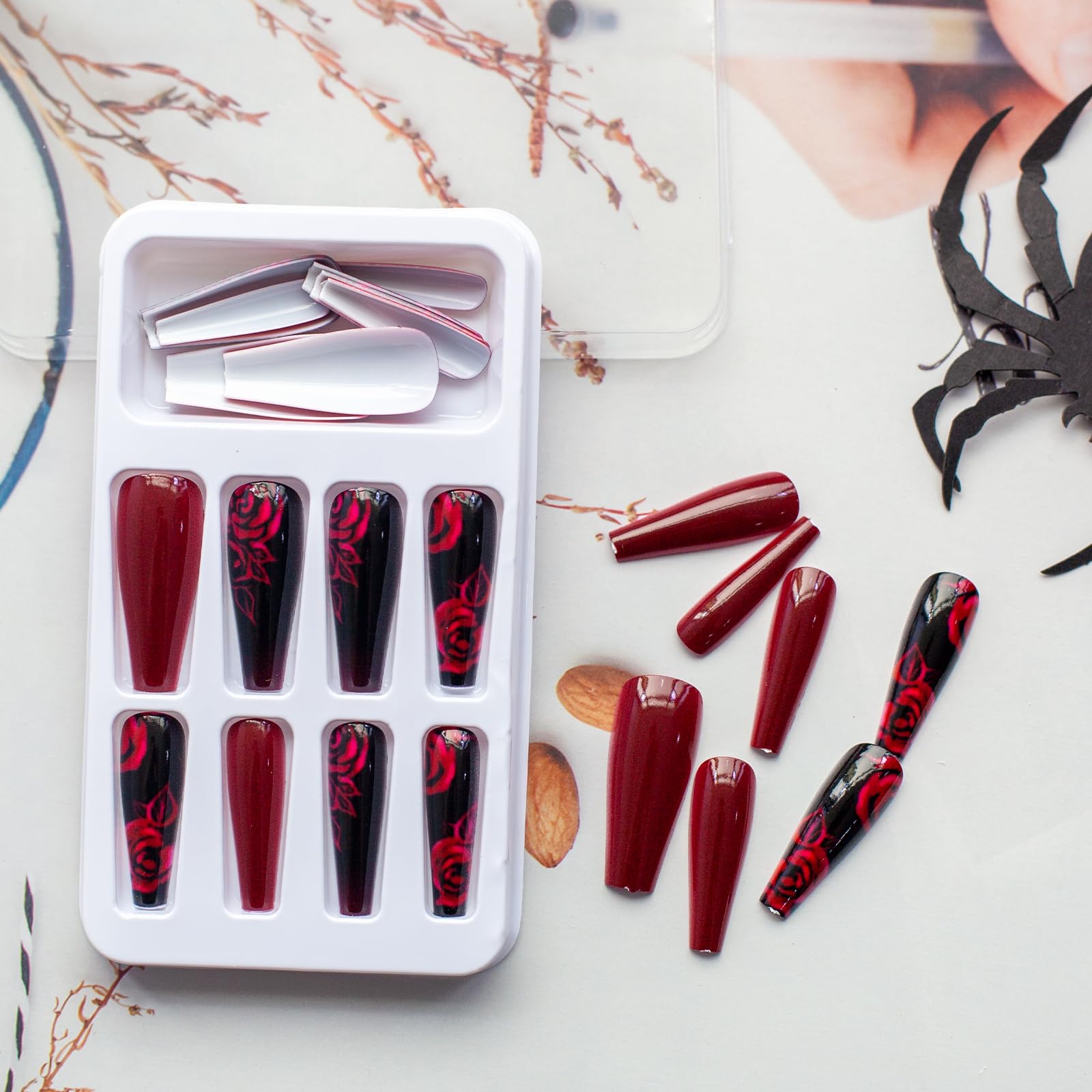 24Pcs Black Press on Nails Long Coffin Fake Nails - Wine Red Rose Flower Design Acrylic Glossy False Nails for Women | Full Cover Glue on Artificial Nails for Autumn Winter | Perfect for Parties, Weddings & Special Occasions