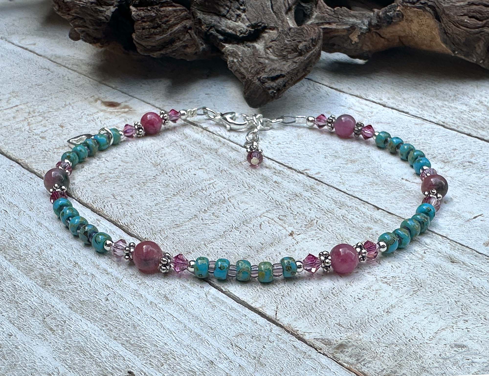 10 Turquoise Pink Rhodonite Gemstone Beaded Anklet - Handmade Boho Chic Adjustable Ankle Bracelet for Women, Yoga, Beach & Festival Fashion Accessory