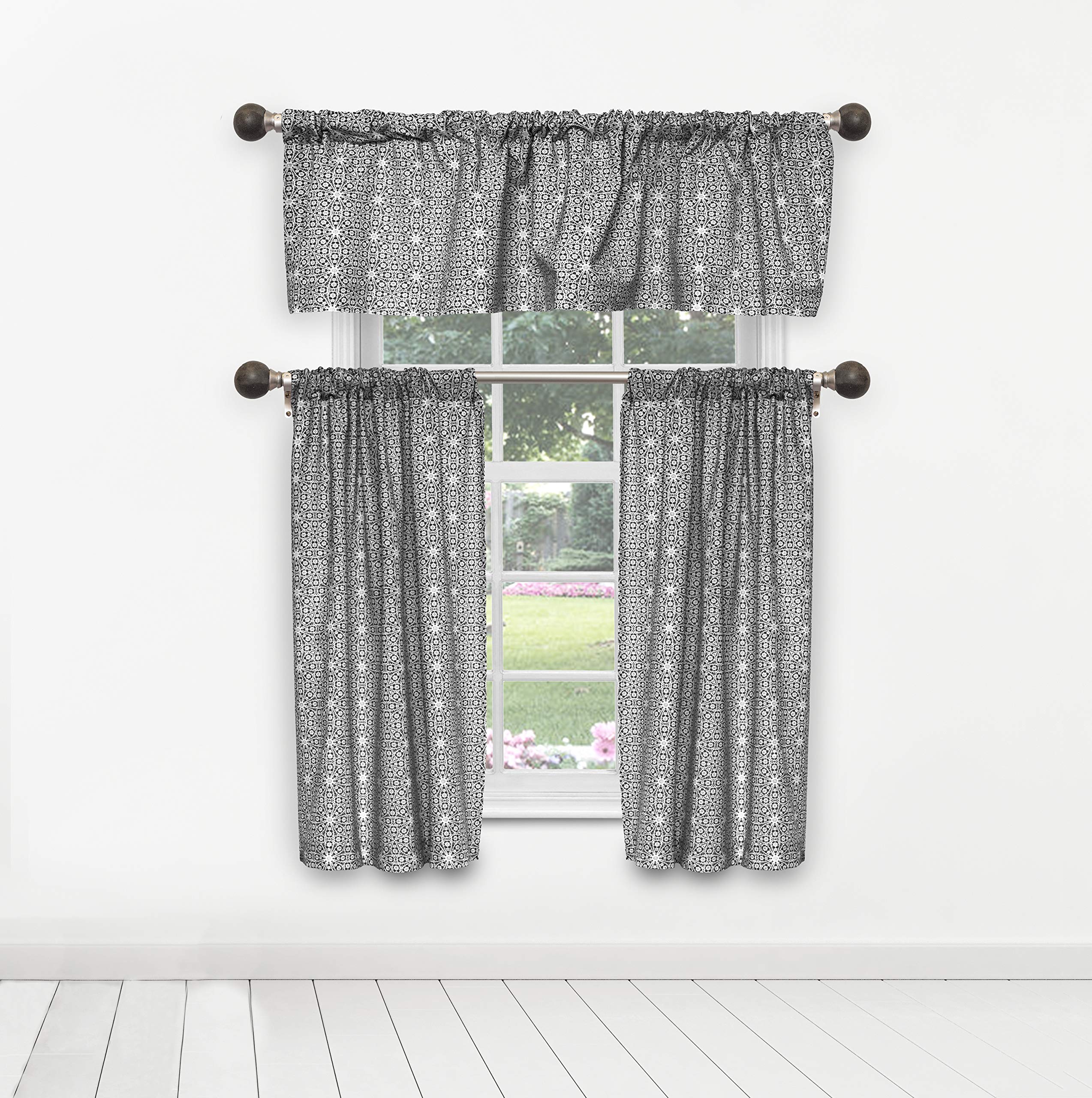 Kensie Liliana Black Kitchen Curtains and Valances Set - 2PC (29x36 & 58x15) - Elegant Window Treatments for Farmhouse, Modern & Traditional Kitchens