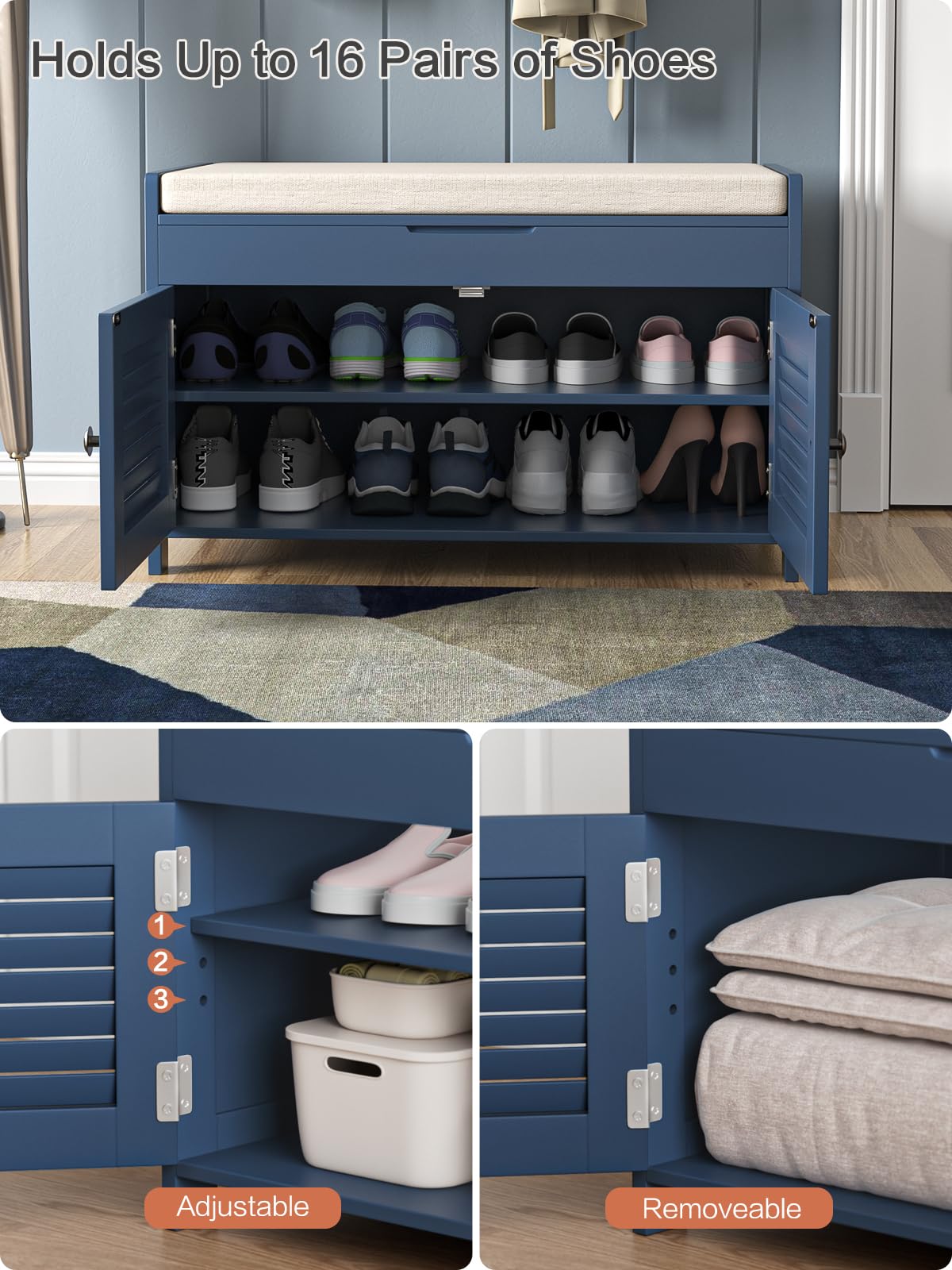 Knowlife Shoe Storage Bench with Cushioned Seat & Lift Top - 2 Door Entryway Shoe Rack with Adjustable Shelves - Perfect for Hallway, Mudroom, Living Room & Bedroom Organization - Blue Home Furniture