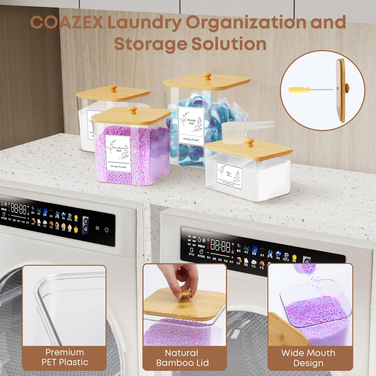 4 Pack Clear Plastic Laundry Pods Container & Dryer Sheet Holder - Square Laundry Room Storage Jars with Lids, Scoops & Labels for Detergent, Powder, Dryer Balls & Beads - Perfect for Organized Laundry Room, Closet & Utility Room Storage